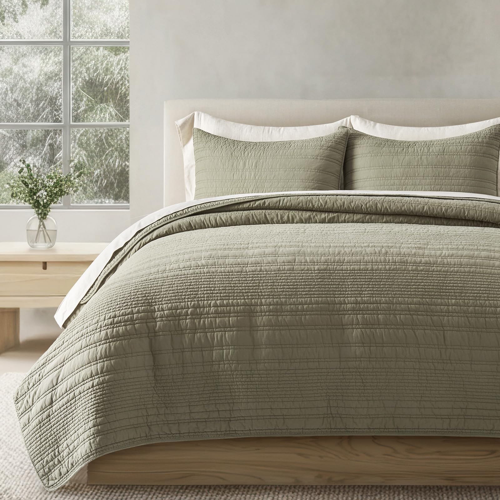 EVERGRACEHOME 100% Cotton Modern Lines Quilt Set King Size, Pre-Washed Soft Striped Coverlet Bedspread, 3 Piece Lightweight Bedding Set for All Season, with 2 Pillow Shams, Light Sage