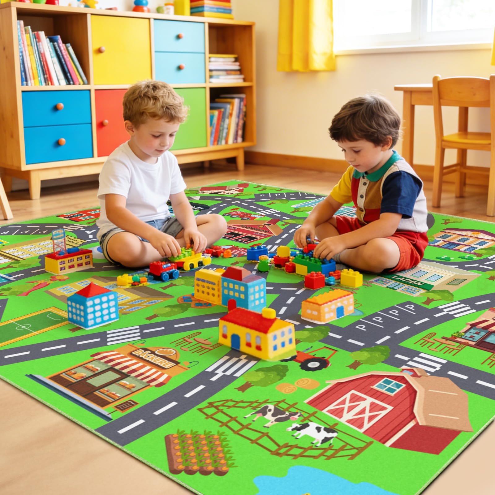 Rezutan Spielteppich Straße Kinder, Kinderteppich Spielzimmer 140X200cm | Kurzflor Waschbar & Rutschfest Teppich für Kinderzimmer Klassenzimmer, Spielzimmer, Schlafzimmer Spielteppich für Kinder