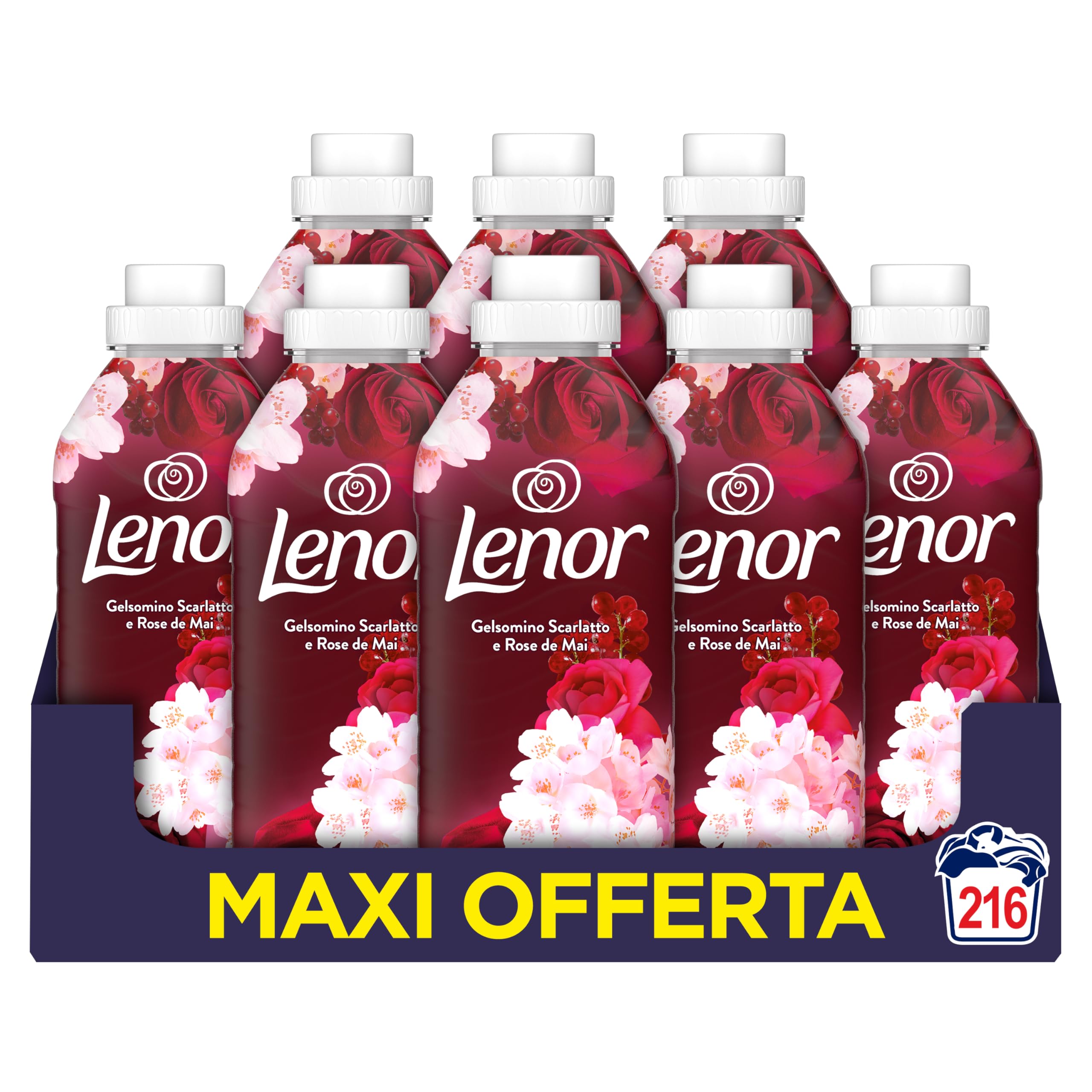 Lenor Fabric Softener Concentrate Washing Machine 216 Washes (27 x 8), Scarlet Jasmine and Rose De Mai, Freshness That Lasts 3 Times Longer With Fragrance Oil Technology