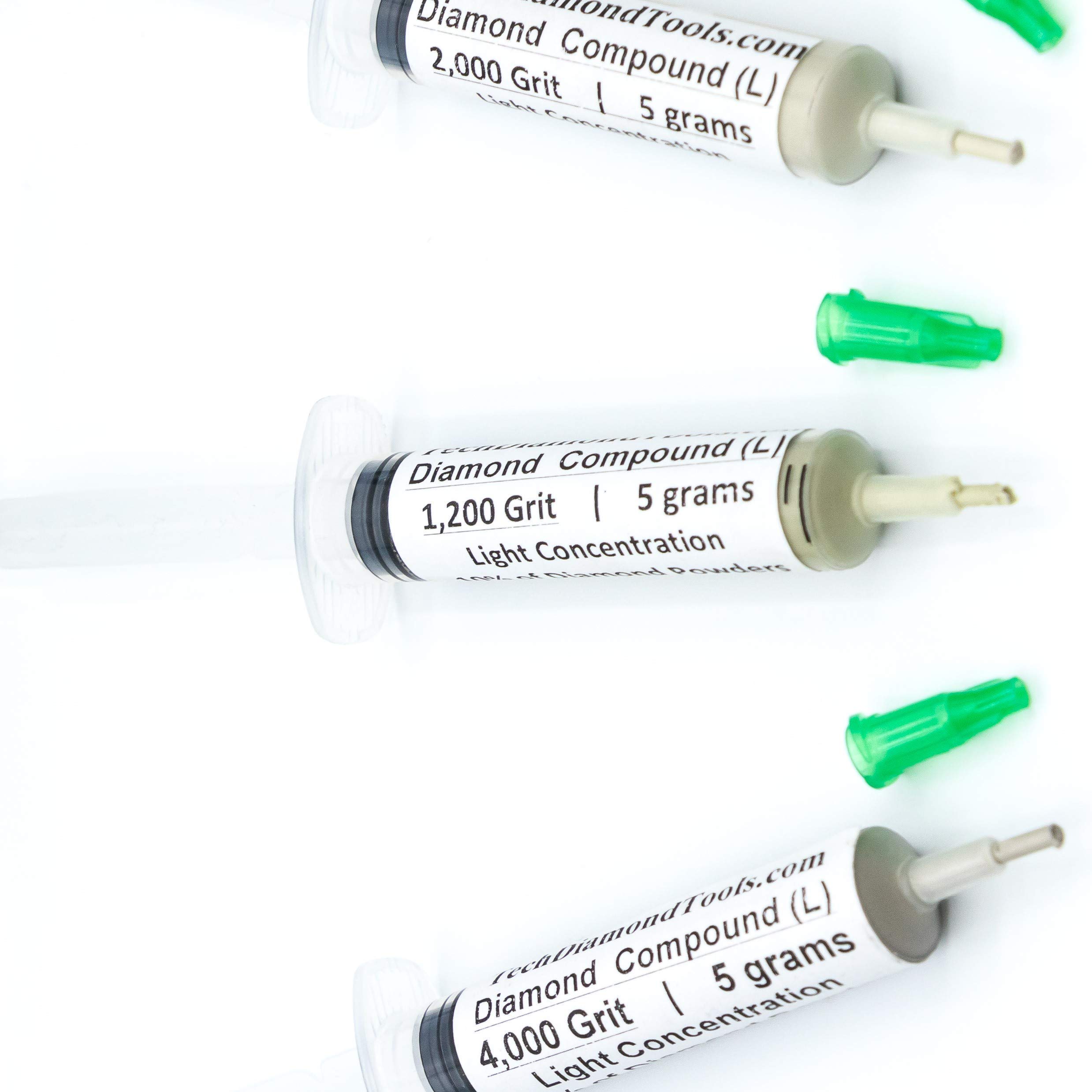 TechDiamondTools Diamond Lapping Paste Set of 3 Syringes X 5 Grams (L), Polishing Lapping Compound, Sizes 1200 2000 4000 Grit, Mesh - With Light(10%) Concentration of Diamond Powders