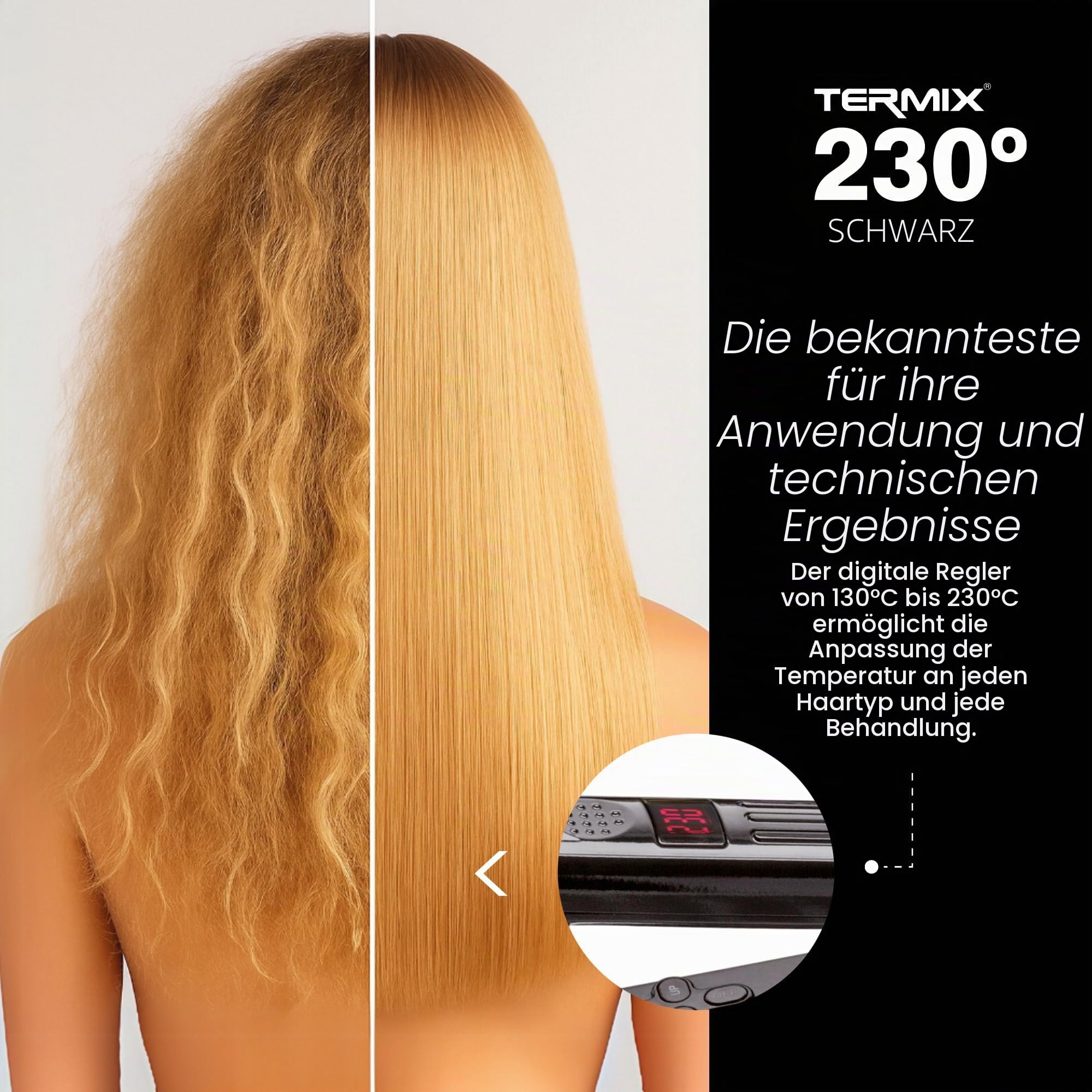 Termix 230º-Glätteisen in der schwarzen Edition. Glätteisen mit Keramikplattentechnologie. Digitales Temperaturregulierungssystem. Infrarotsystem. Nanotechnologie. Reduziert Frizz und hält das Haar länger weich.