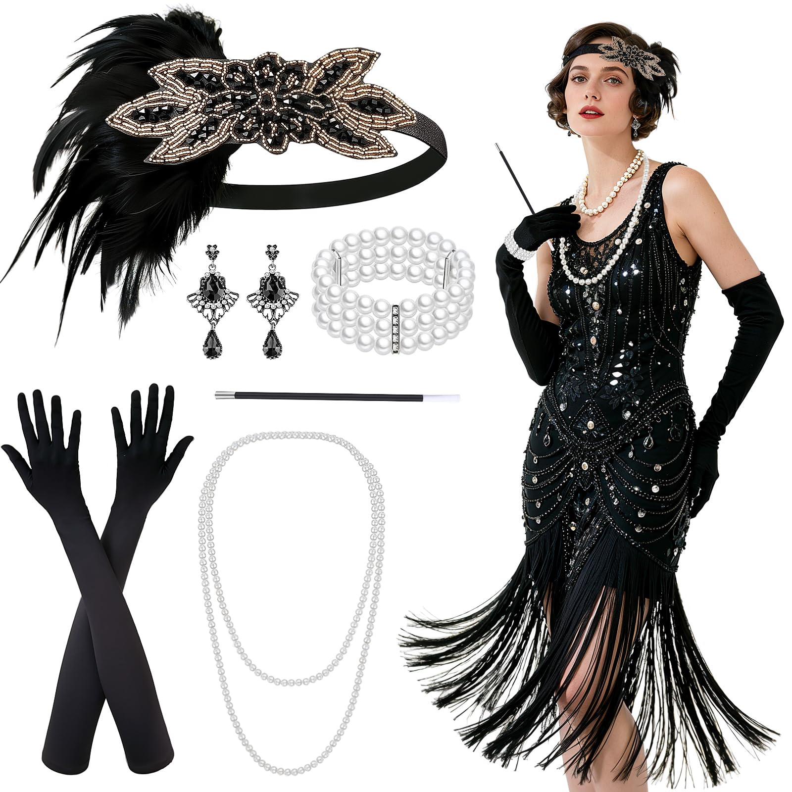 Jokureao 8PCS 1920s Accessories for Women Flapper Accessories with Gatsby hairband Long Black Gloves Pearl Necklace Bracelet Earrings and Handheld Prop Roaring 20s Fancy Dress Accessory Adult