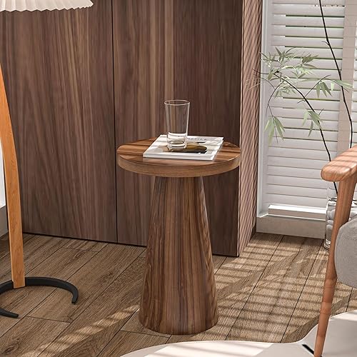 Miniatura 5 de Pequeña mesa auxiliar redonda con pedestal, mesa auxiliar de madera para sala de estar, mesa de bebidas acanalada para espacios pequeños, mesa