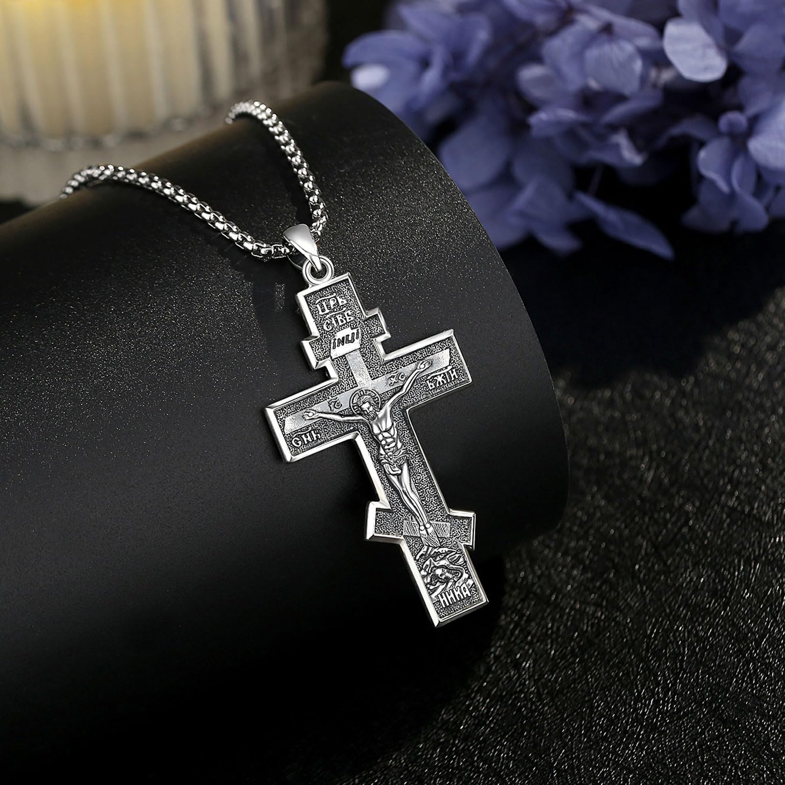 925 Srebro Sterling Ortodoksyjny naszyjnik z krzyżem dla kobiet mężczyzn, grzbiet krzyż Jezus krzyż naszyjniki religia ochrona biżuterii amulet dla męża taty, 22 + 2", Srebro