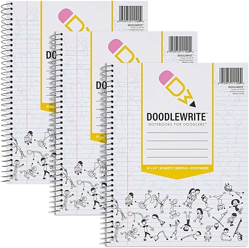 DoodleWrite - Cuaderno espiral de alambre con rayas anchas, paquete de 3, incluye instrucciones de Doodle para mantener el enfoque, despertar