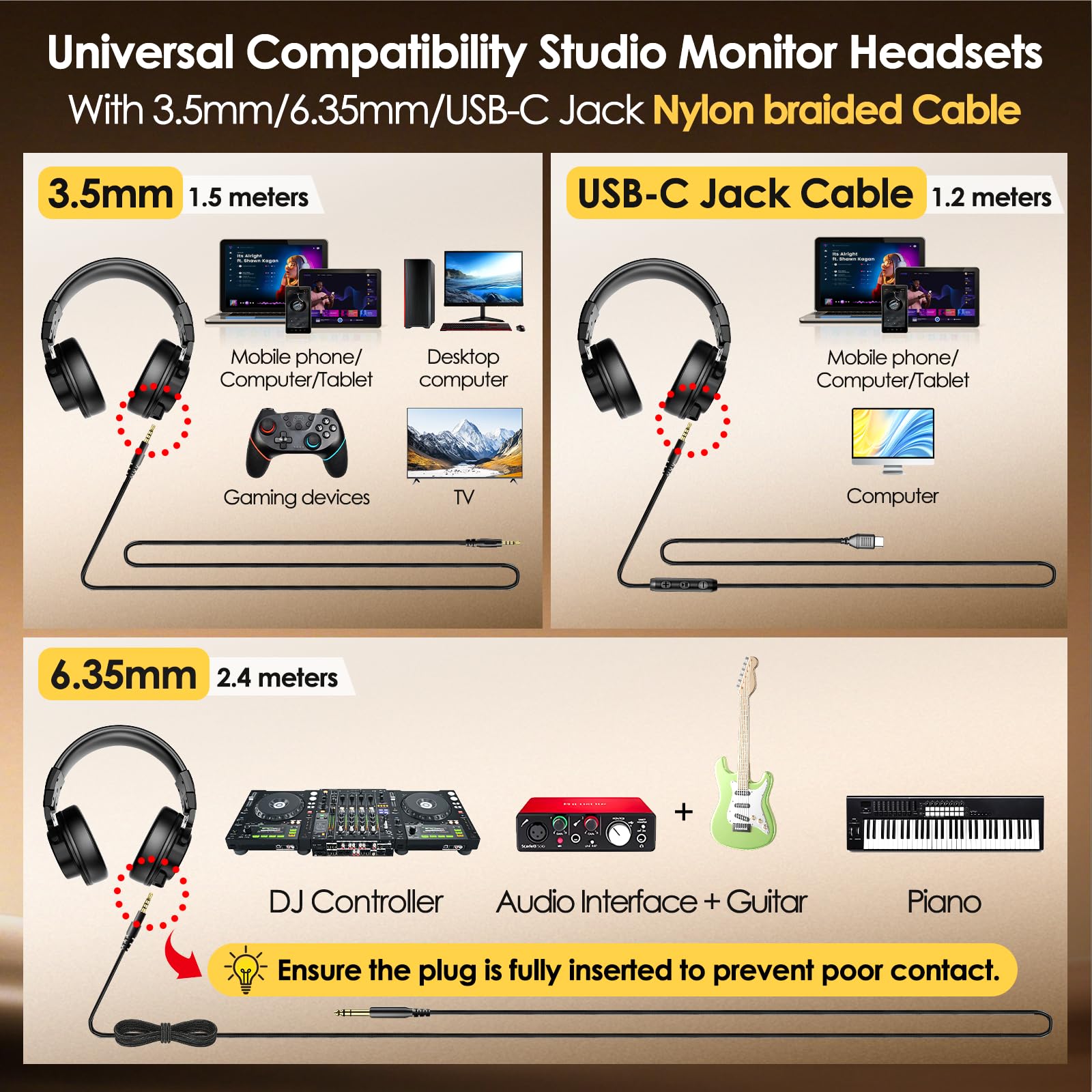 Auriculares de estudio, auriculares profesionales de DJ con controladores de 50 mm, auriculares sobre la oreja con cable con conector USB-C de 6,35 mm/3,5 mm/para monitor de estudio y mezcla