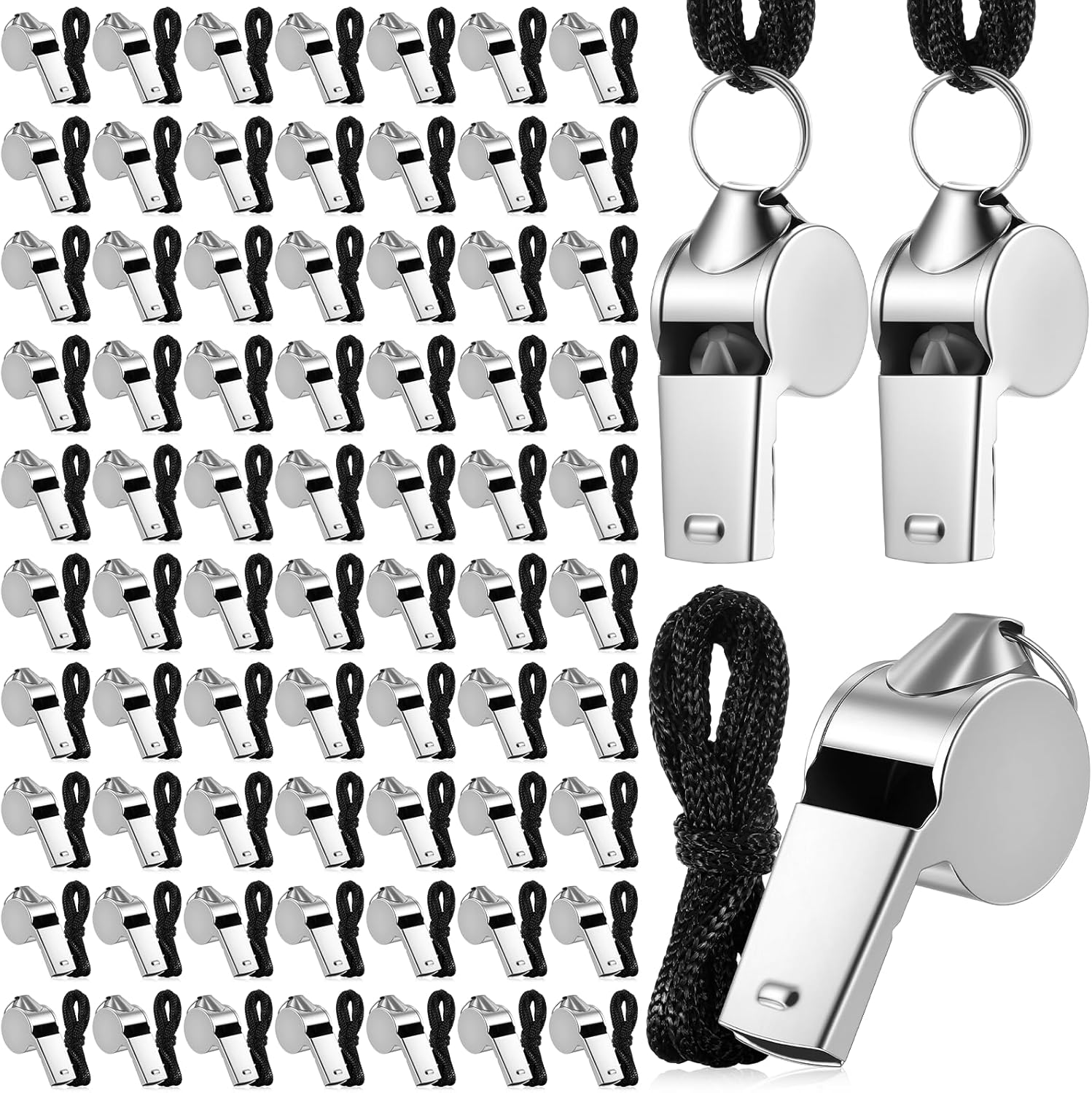 simarro 100 Pcs Stainless Steel Whistle with Lanyard, Silver Professional Loud Metal Whistle Ideal for Coaches Referees Recreation