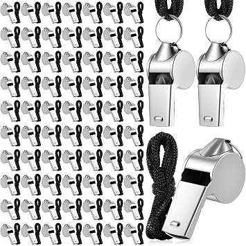 simarro 100 Pcs Stainless Steel Whistle with Lanyard, Silver Professional Loud Metal Whistle Ideal for Coaches Referees Recreation