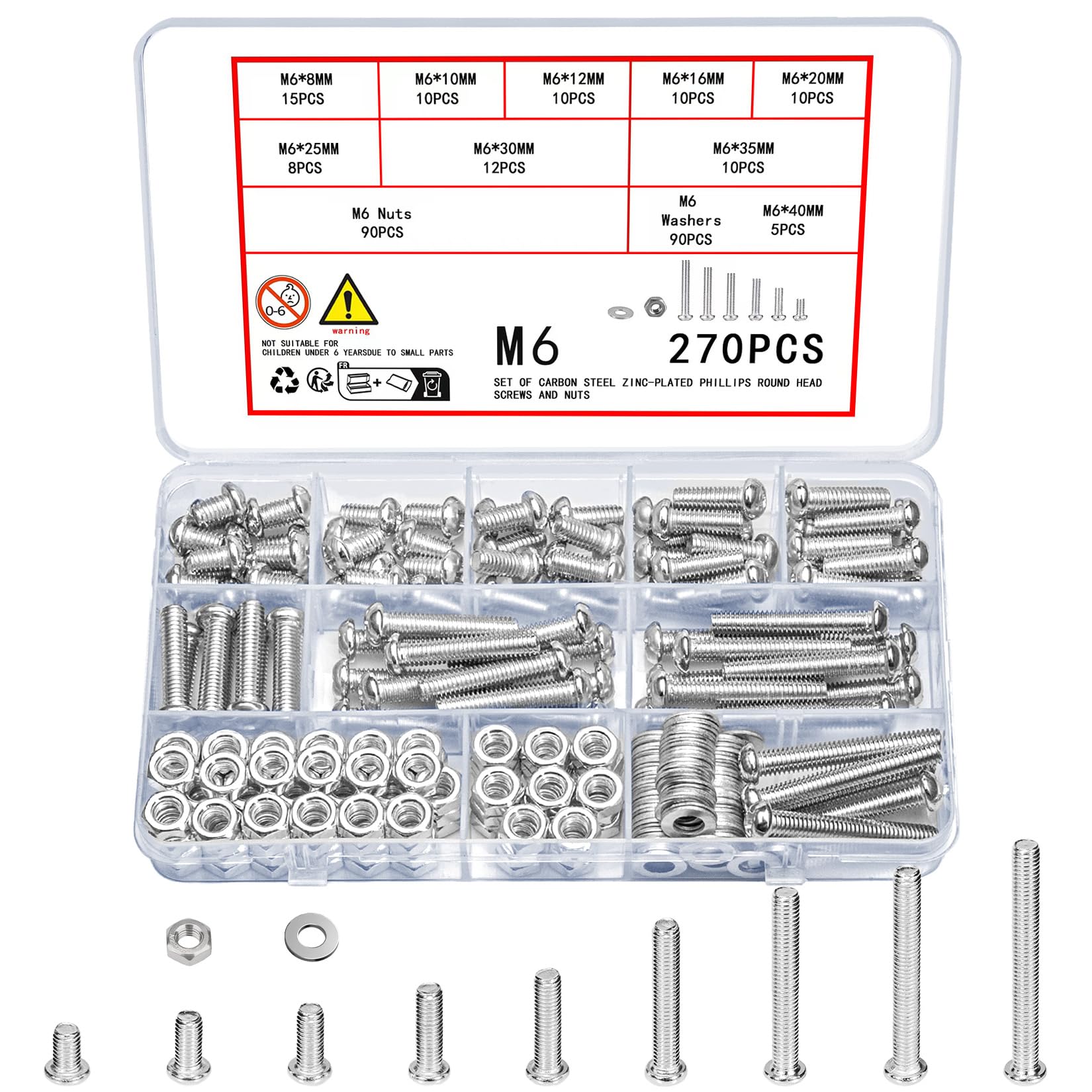 Vwoqiy 270 Stück M6 Schrauben Set, Linsenkopfschrauben Muttern und Unterlegscheiben Set, Kreuzschlitzschrauben mit Muttern, Gewindeschrauben Maschinenschrauben und Muttern Sortiment Kit