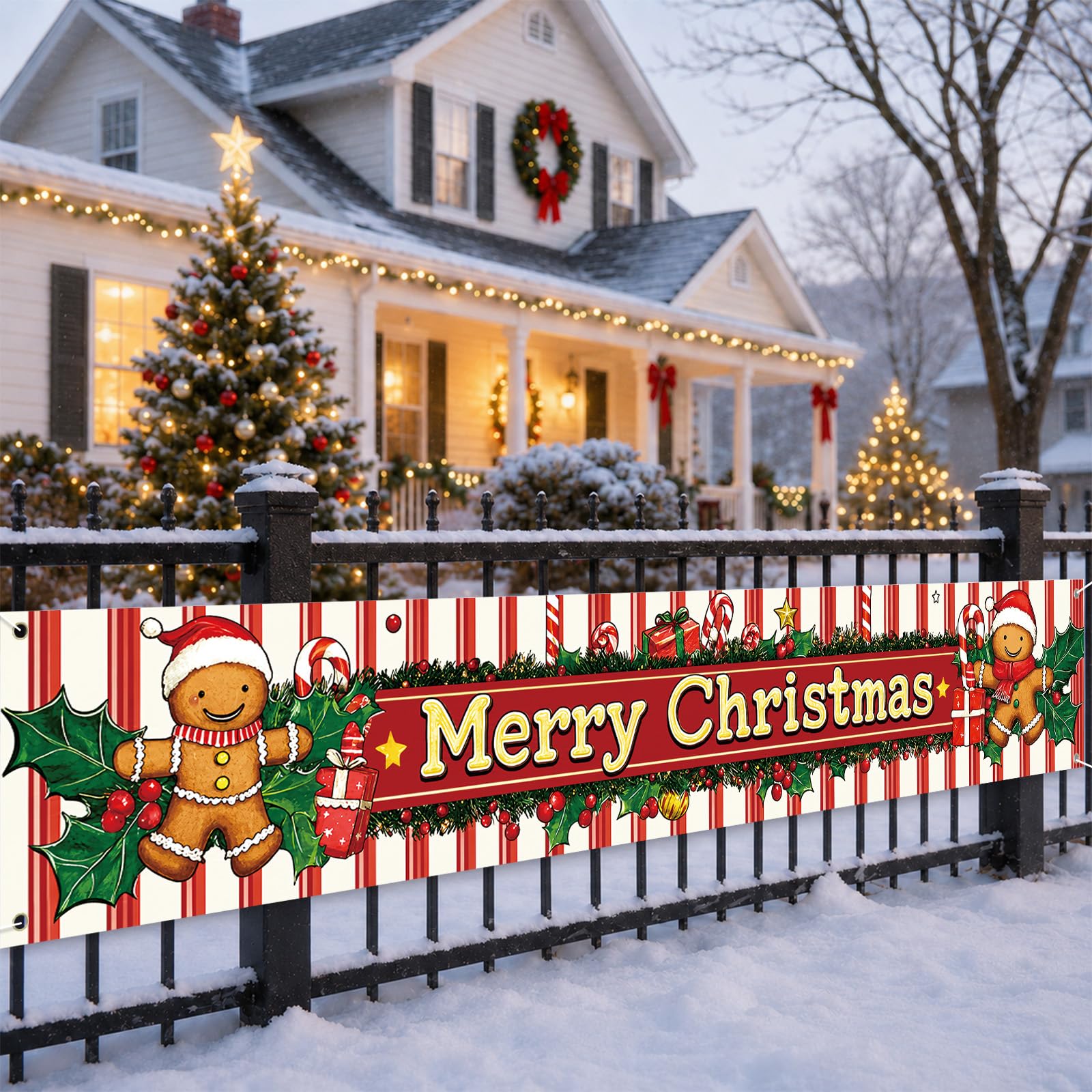 Large Gingerbread Man Outdoor Christmas Decorations Banner 300x50cm