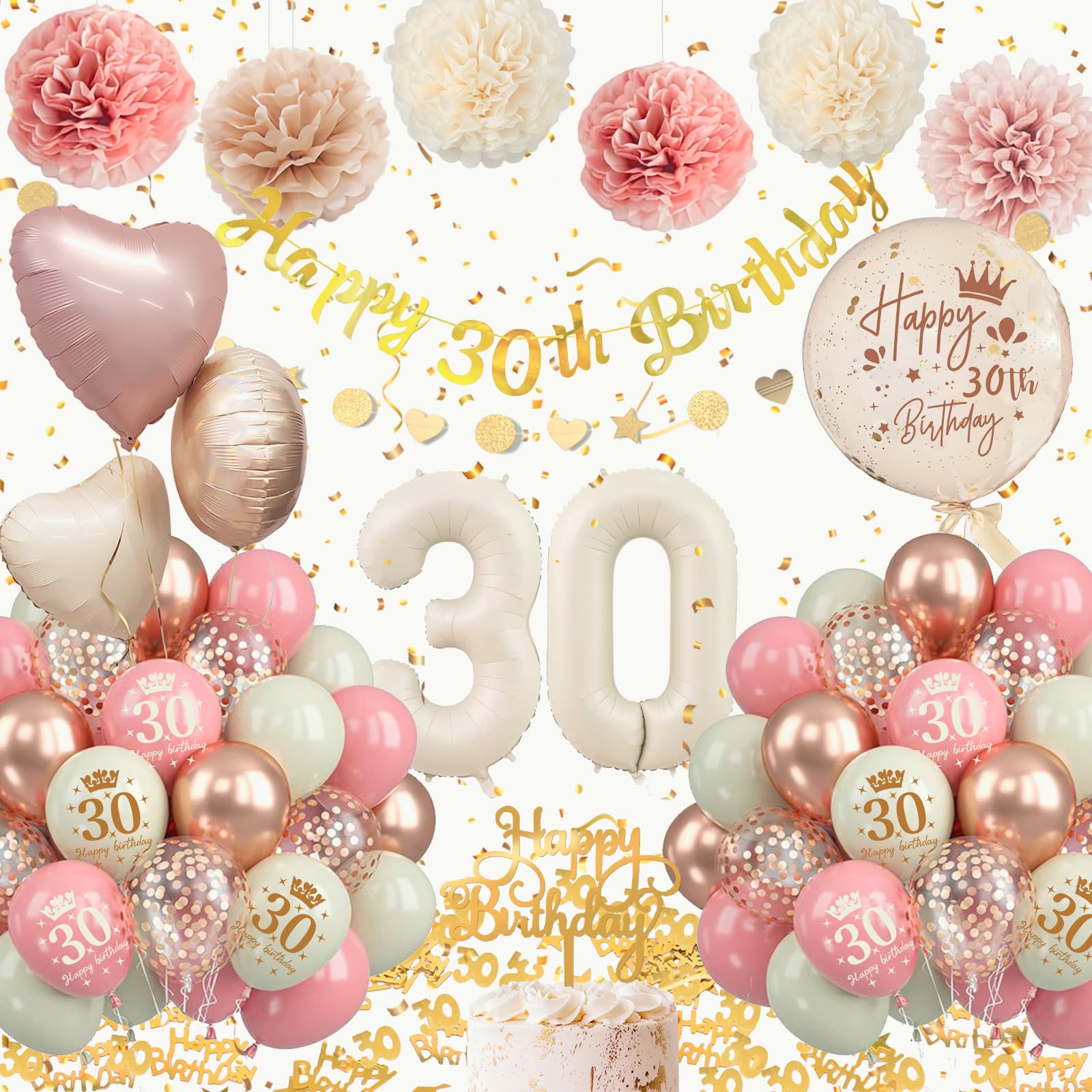 Globos Decoracion 30 Cumpleaños Mujer, Globos 30 Cumpleaños Oro Rosa Adornos Kit con Globos Numero 30 Años Cake Topper Pancarta de Happy Bithday Confeti para 30 Cumpleaños Mujer