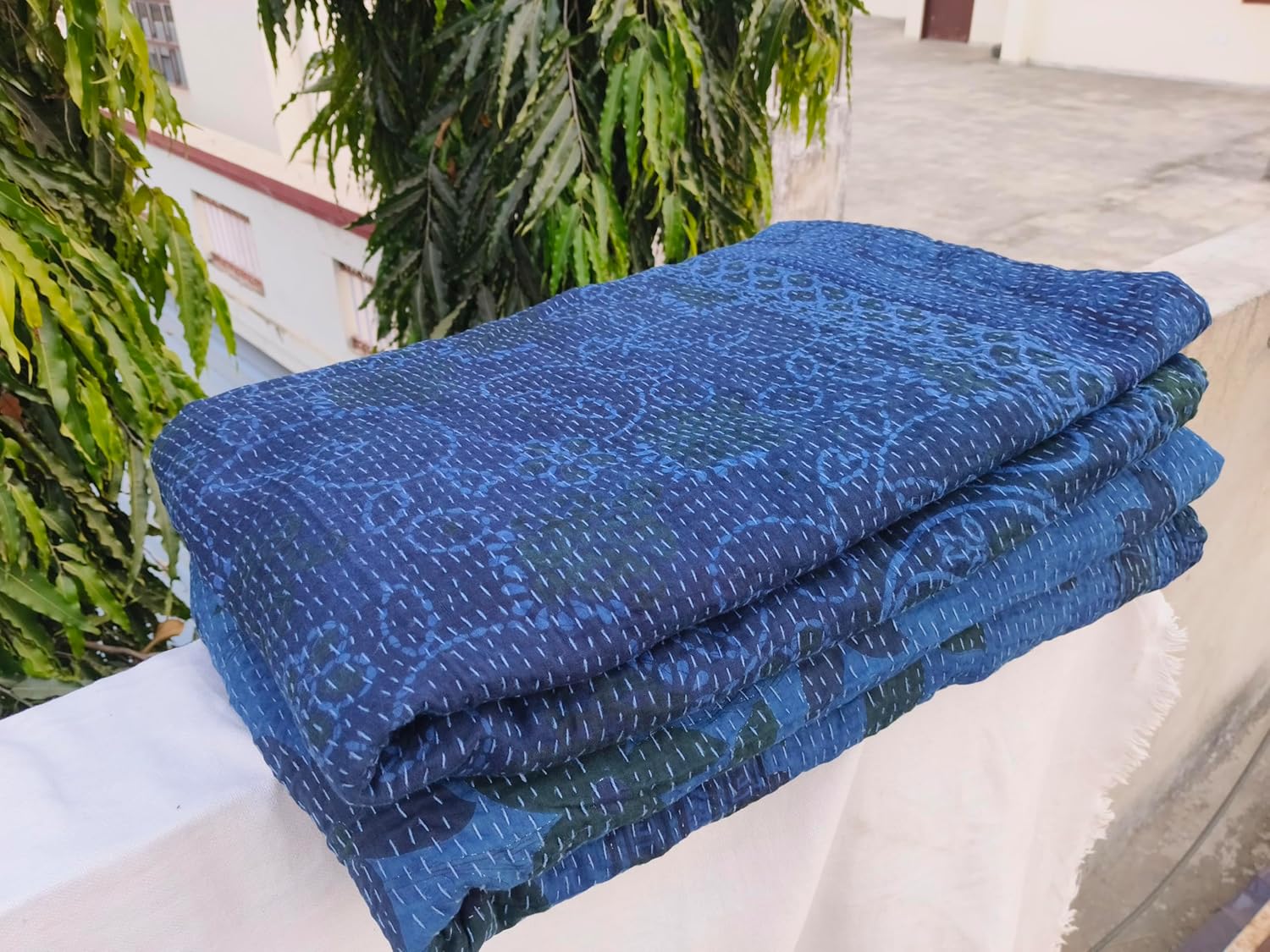 Indigo Blue Dye Cotton Kantha Throw Quilt Handmade Throw Blanket Bedspread Cotton Boho Hippie Quilt Bedspread Vintage Kantha Throw Handmade (Queen: -90" x 108" Inch (228 x 274 cm) Approx.)