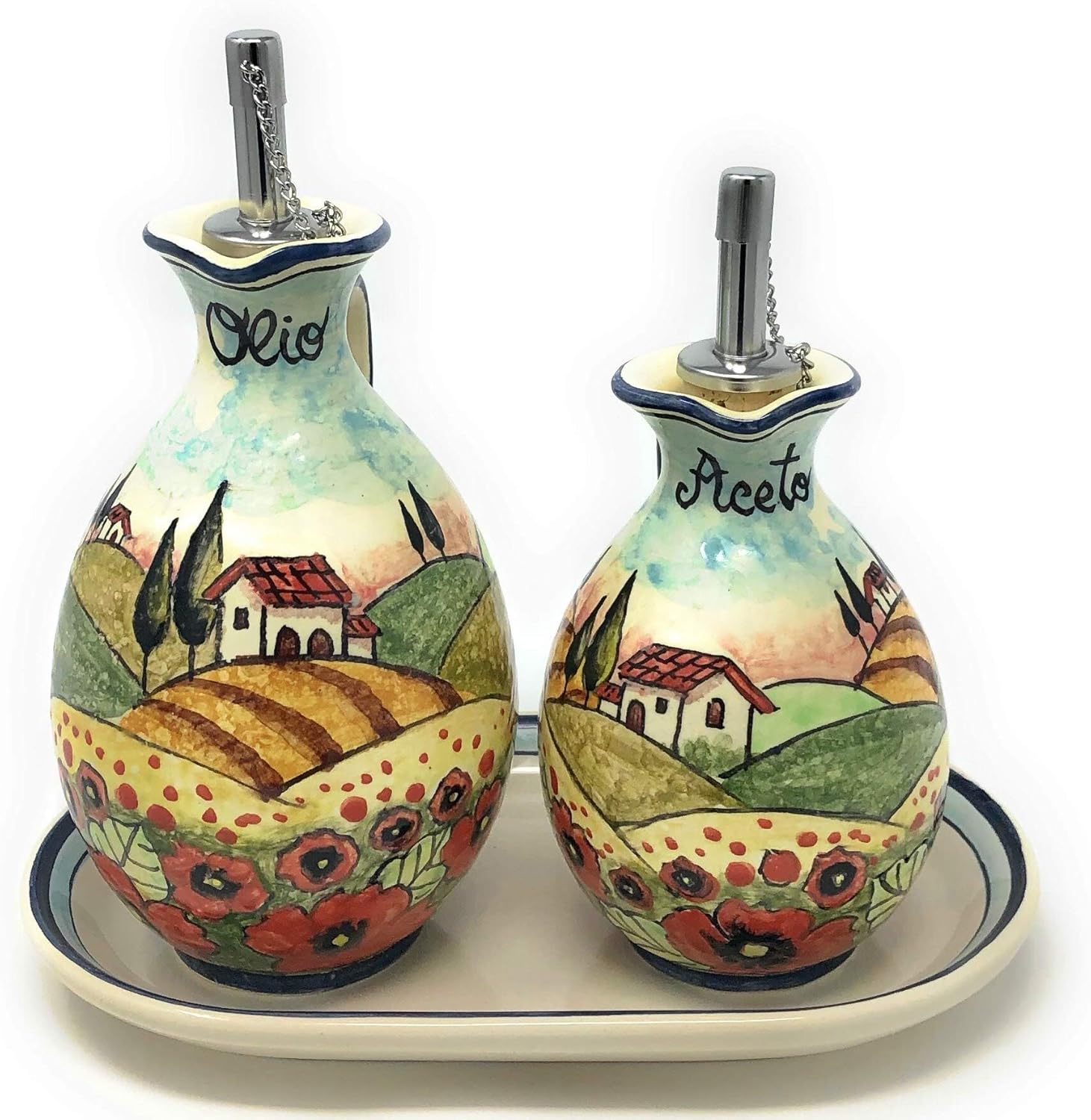 CERAMICHE D'ARTE PARRINI - Italian Ceramic Set Cruet Oil Vinegar Art Pottery Decorated Poppies Hand Painted Made in Italy Tuscan