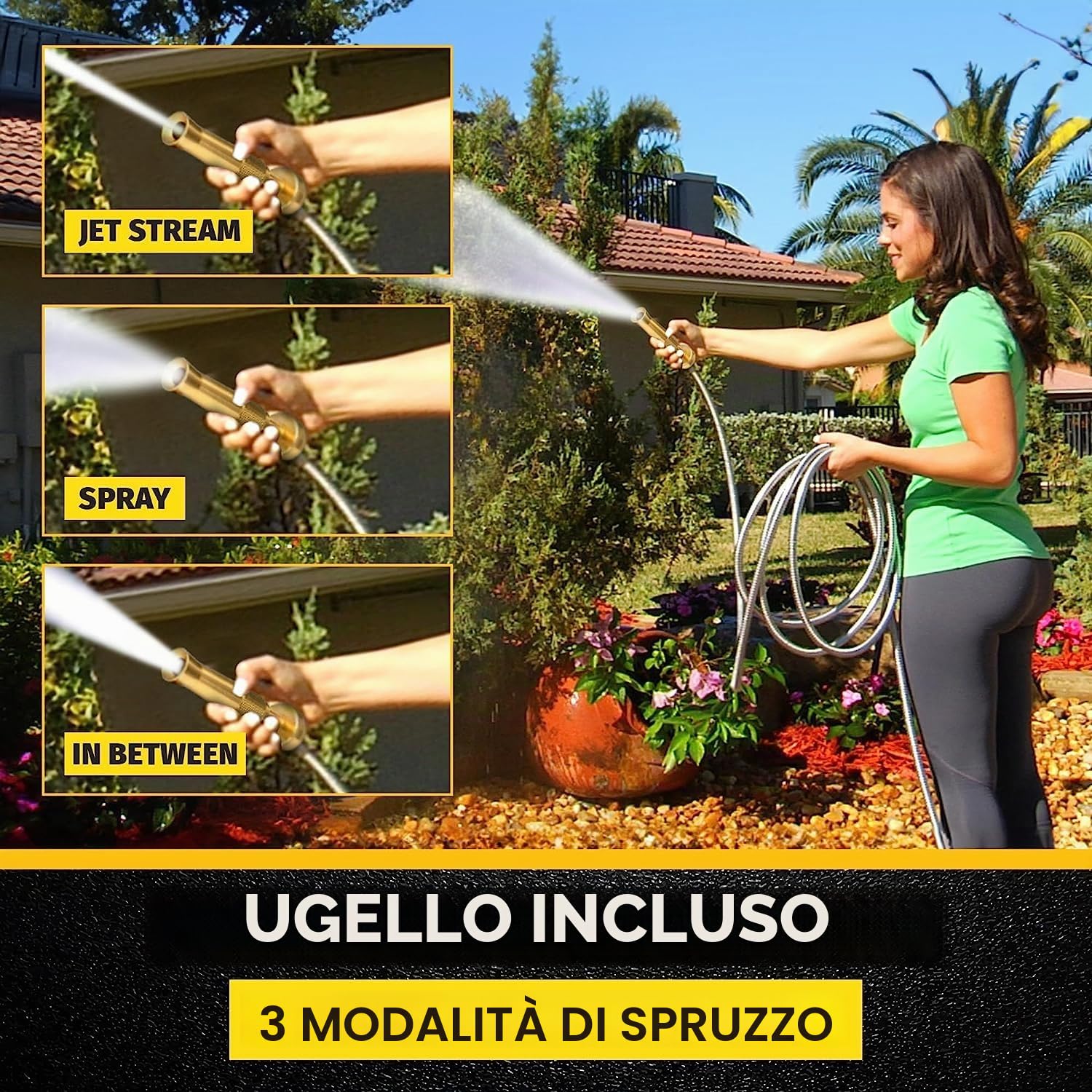 Bionic Steel Tubo da giardino PRO – Tubo da giardino in acciaio inossidabile 304 da 25 piedi – resistente, leggero, senza pieghe e più forte che mai con raccordi in ottone e valvola on/off – modello