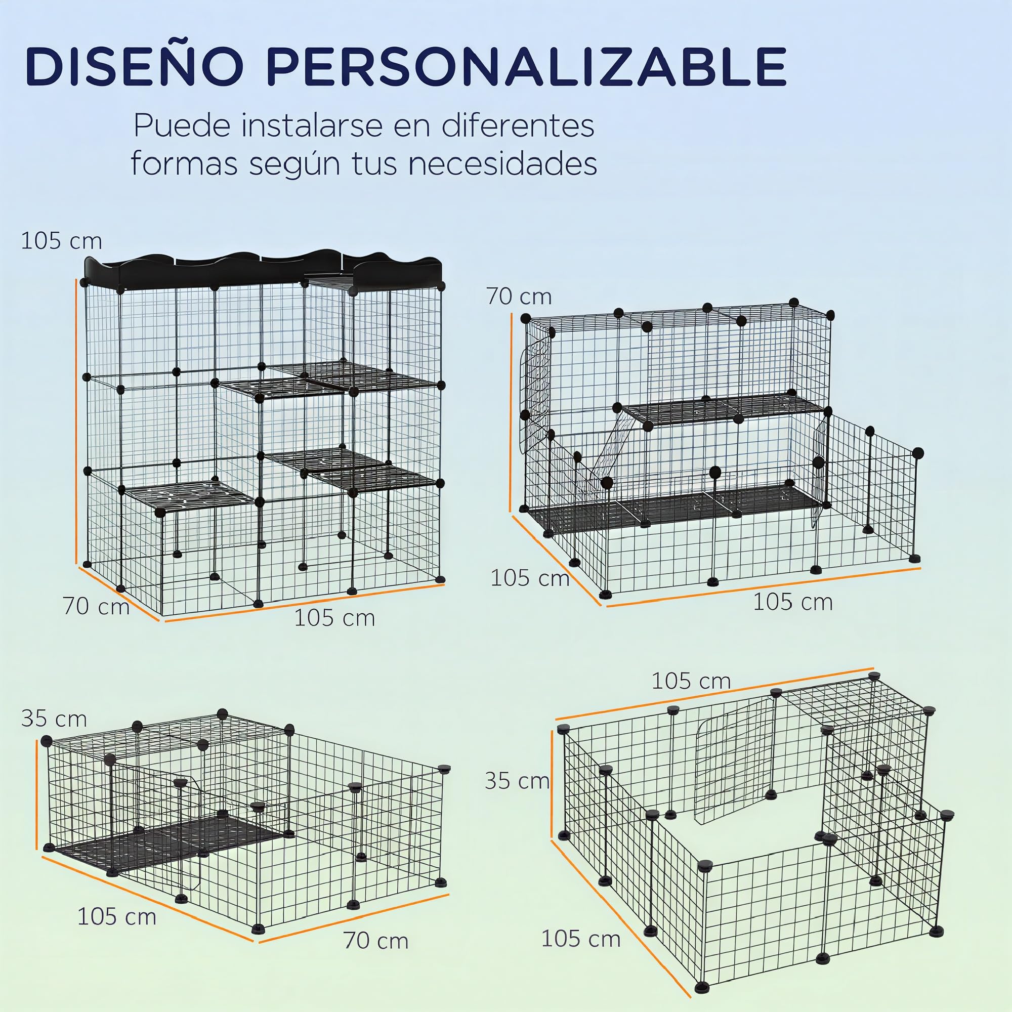 PawHut Jaula para Animales Pequeños 40 Paneles DIY 105x70x116 cm Negro | Parque para Mascotas, Valla Metálica, para Conejos Cobayas Gatito