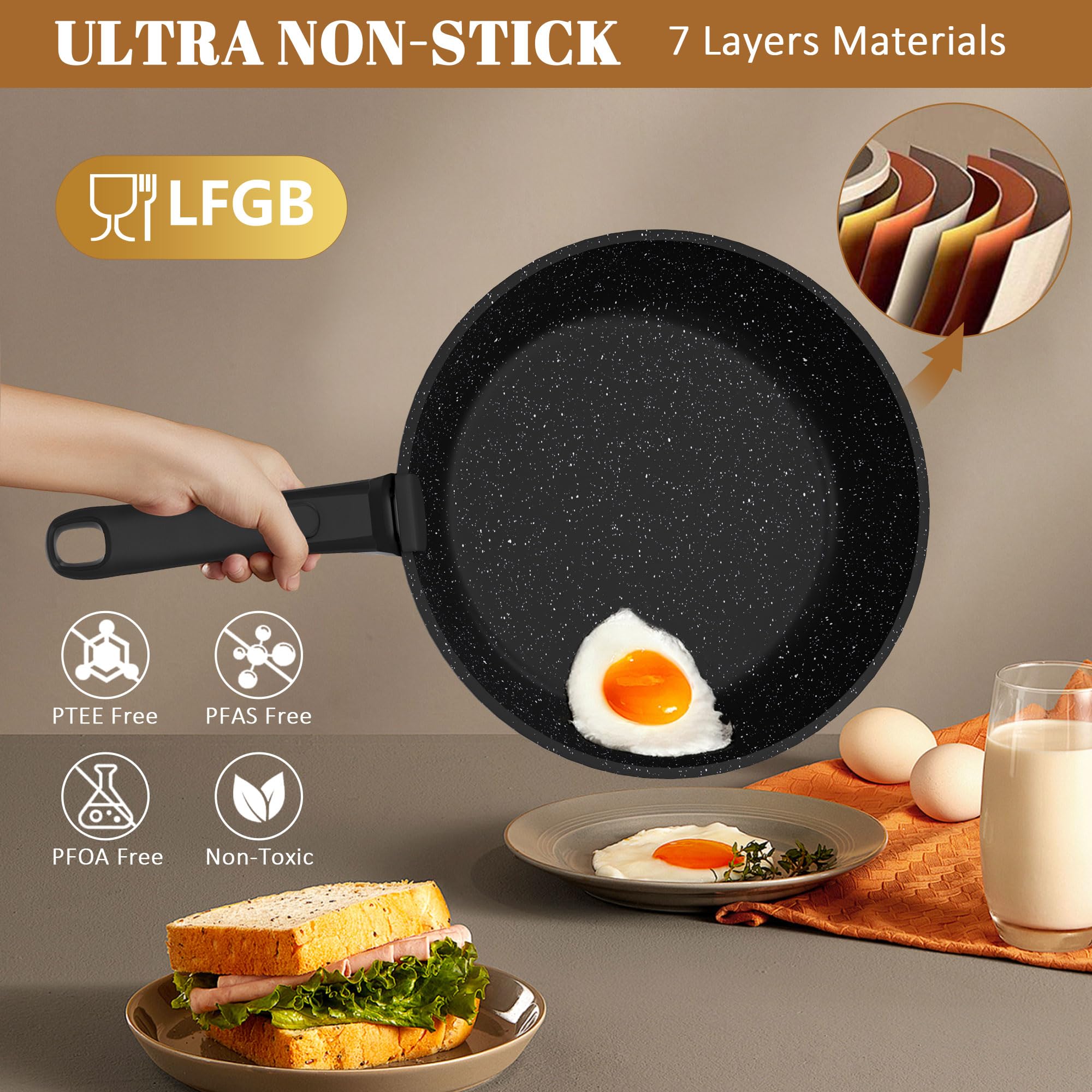Gimars 14pcs Set di Padelle Antiaderente da 14PCS con 2 Manici Rimovibili | Padella da 20 26cm,Casseruola 20cm,26cm Griglia,4 Coperchi 4 Utensili,Senza PFOA PFTE per Induzione Gas Forno