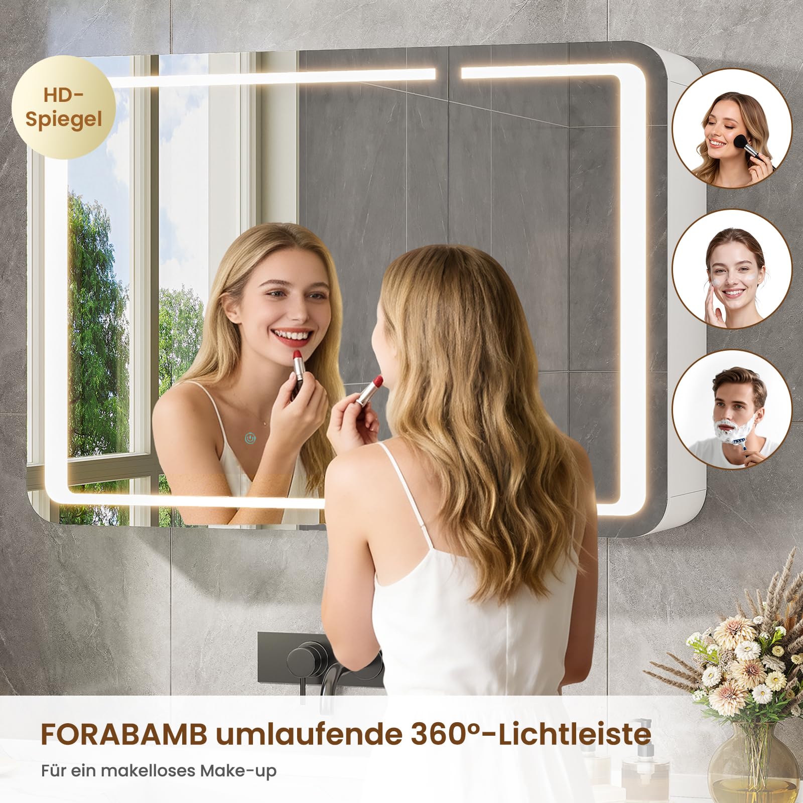Armoire Salle de Bain Miroir avec éclairage LED & Prise, Armoire Murale Salle de Bain avec Miroir HD, 3 Étagères Réglables, Angles Arrondis, Armoire de Toilette, 16 x 80 x 60 cm, Blanc