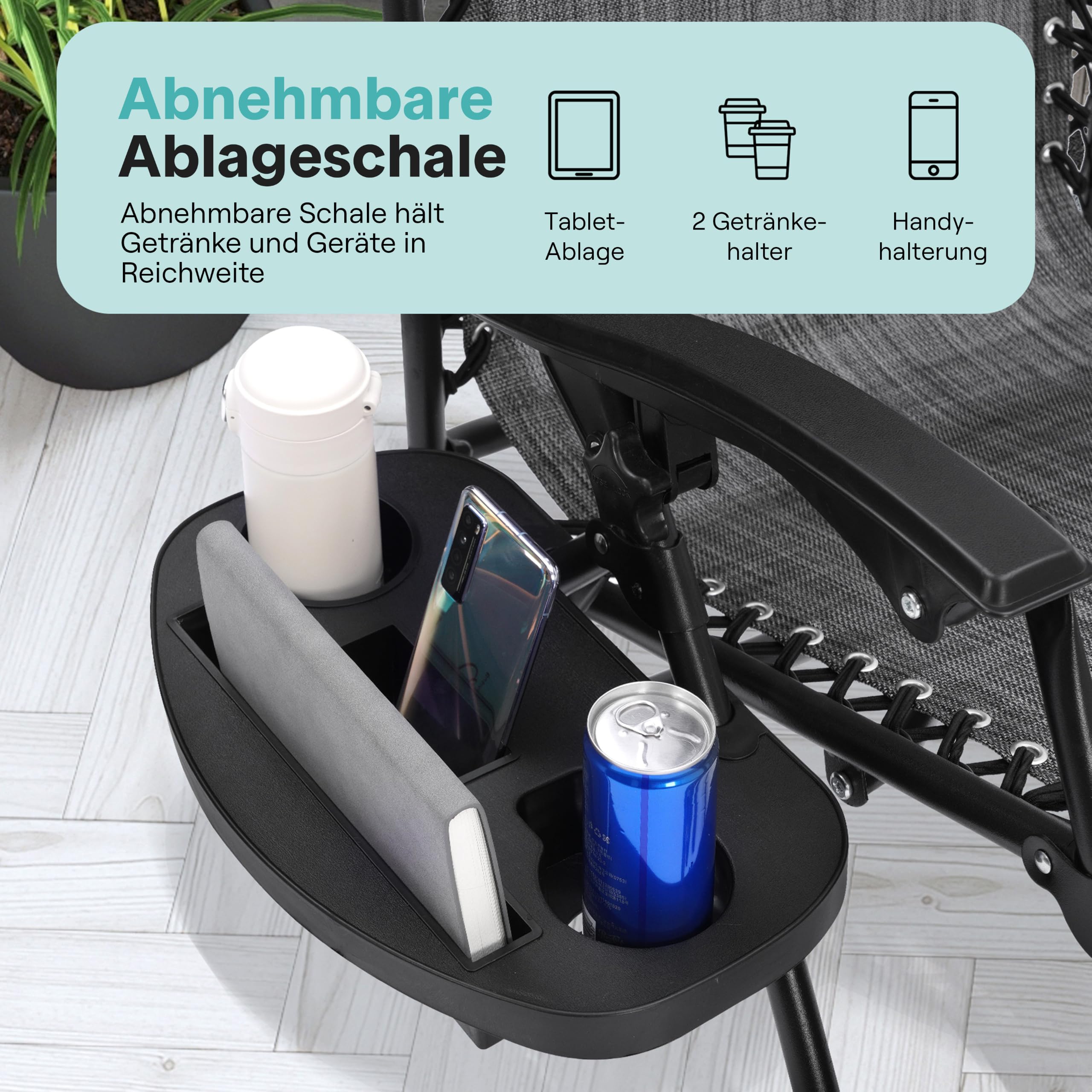 SereneLife Sonnenliege Klappbar 2er Set, mit Sonnendach, Liegestuhl für Garten und Balkon, bis 120 kg, Grau, Verstellbar und Wetterfest, mit Getränkehalter und Kopfstütze, für Strand Camping Relax