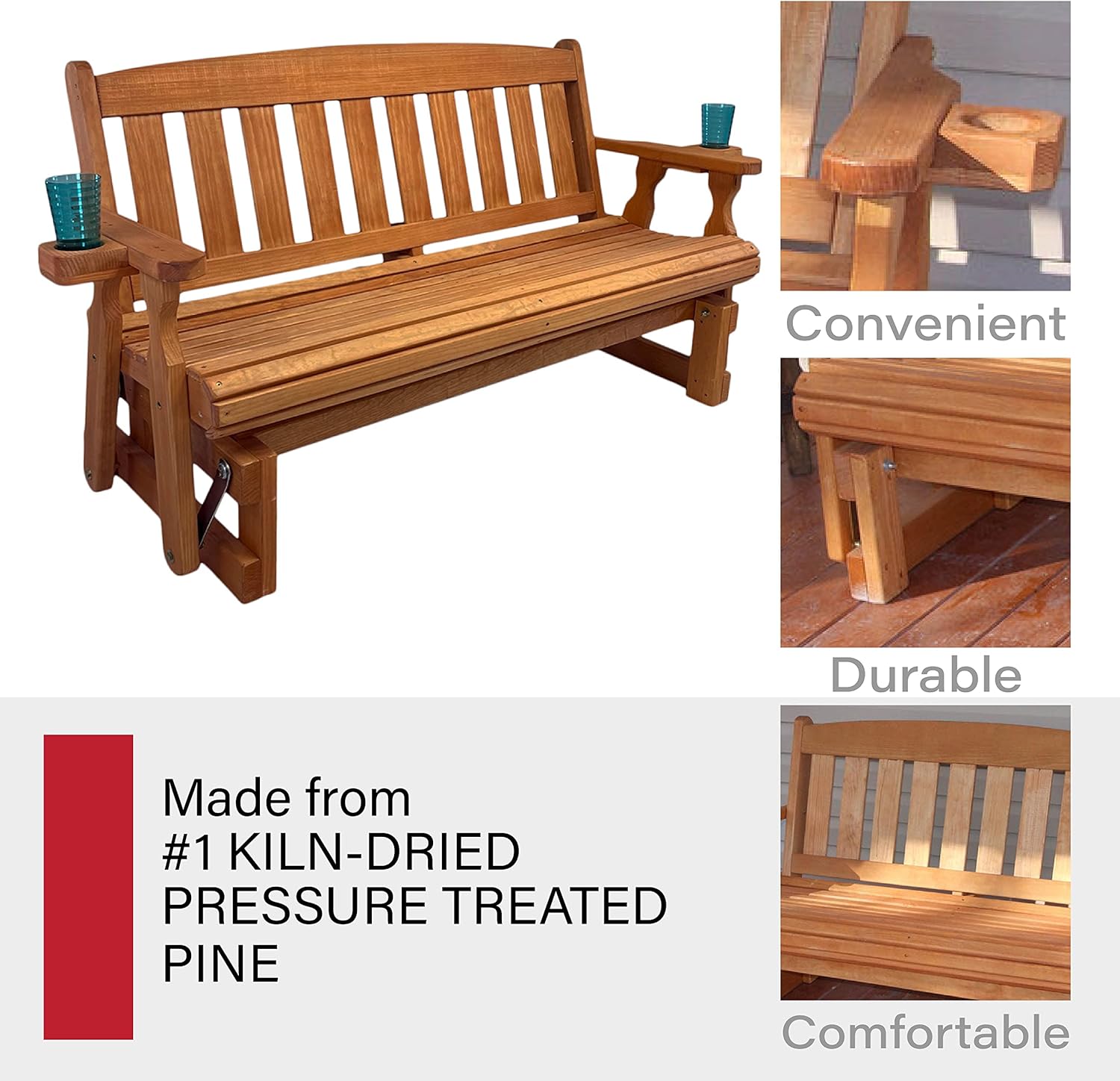 Amish Heavy Duty 800 Lb Mission Pressure Treated Porch Glider with Cupholders (4 Foot, Cedar Stain)