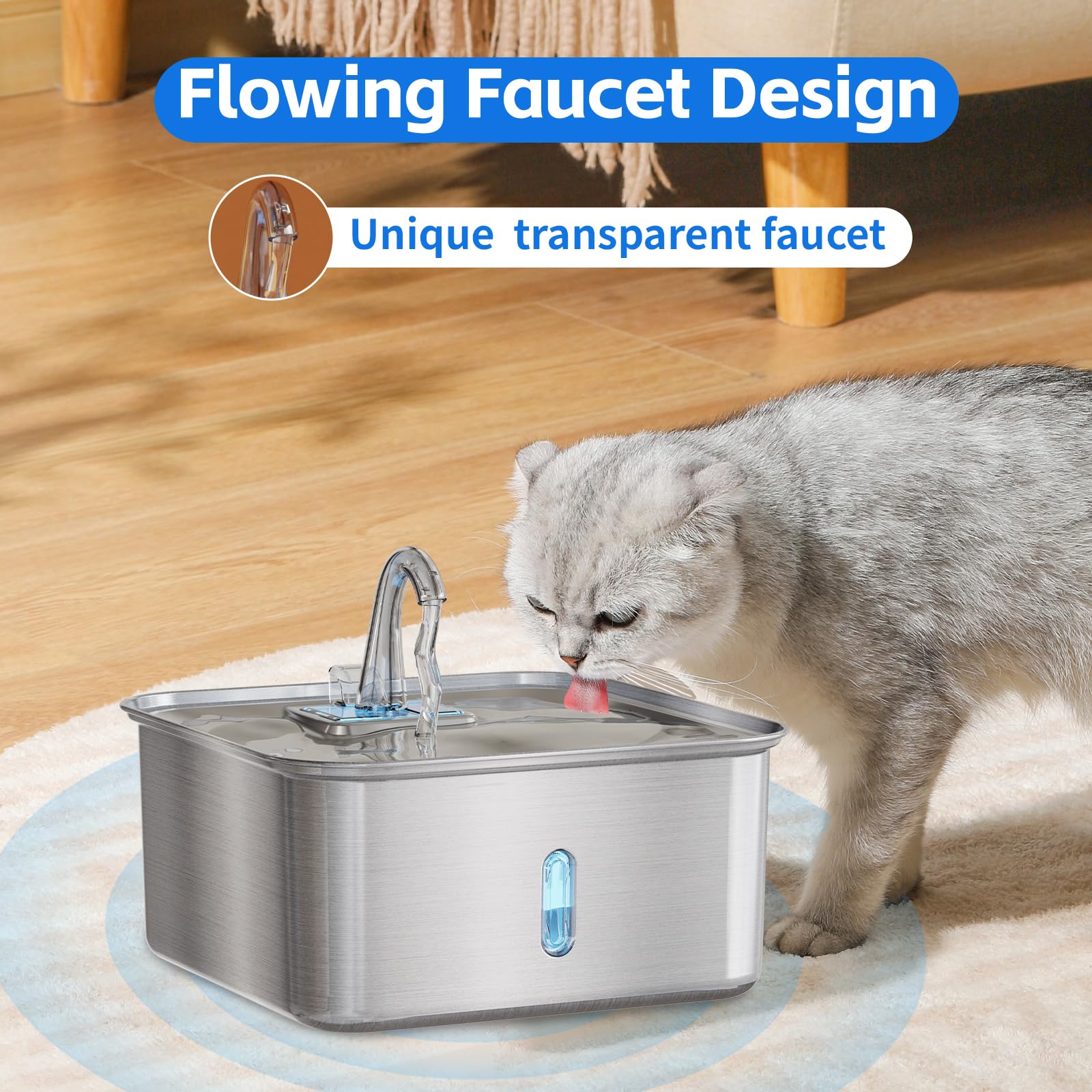 Fuente de agua para perros de 7 l de acero inoxidable con ventana, bomba silenciosa, 6 filtros de repuesto, filtro cuádruple, agua circulante, para varios gatos