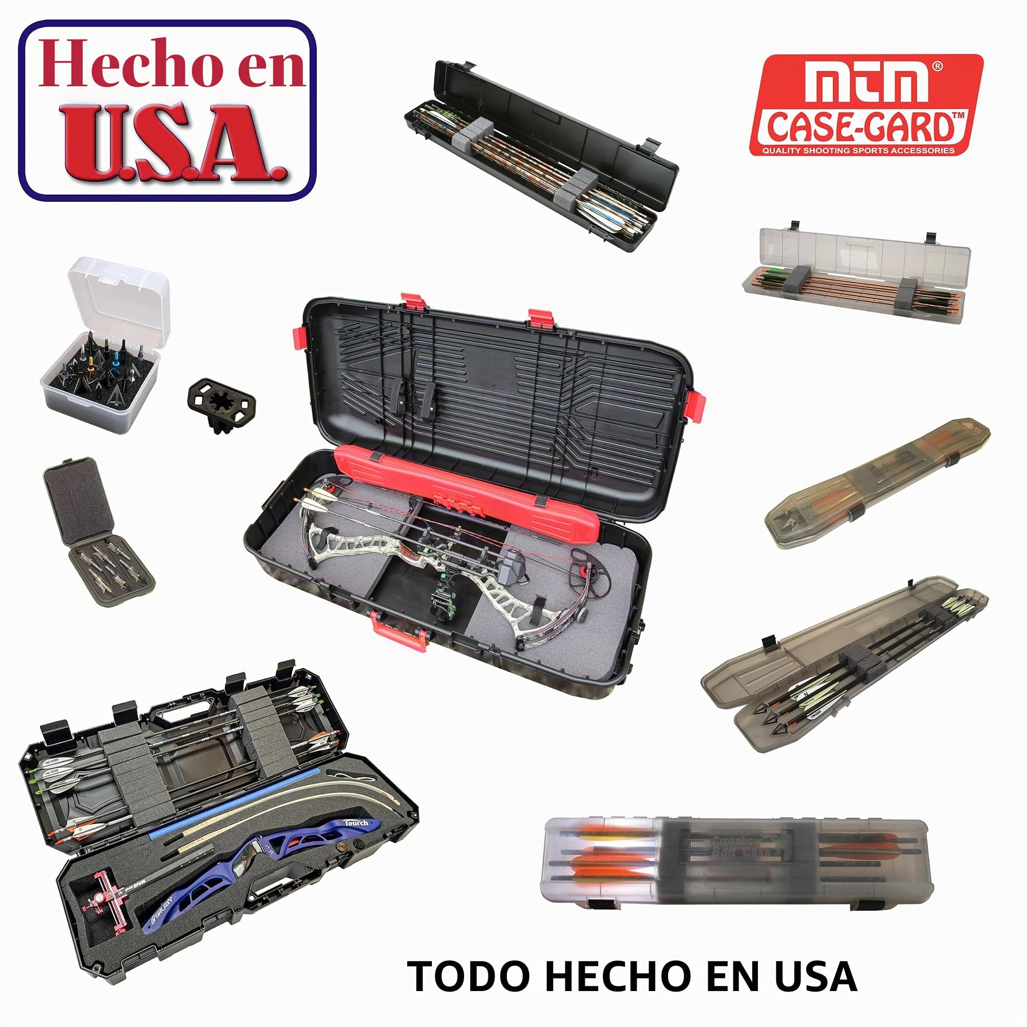 MTM BC34TD Takedown - Estuche para arco recurvo, almacenamiento con cerradura, funda rígida aprobada por aerolíneas, sostiene 16 flechas, para un objetivo o configuración de arco de caza, fabricado en