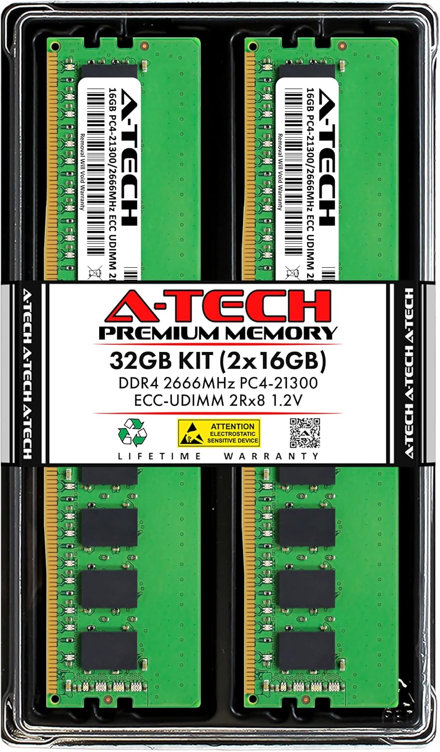 A-Tech 32GB Kit (2x16GB) Memory RAM for Dell PowerEdge R340 - DDR4 2666MHz PC4-21300 ECC Unbuffered UDIMM 2Rx8 1.2V - Server