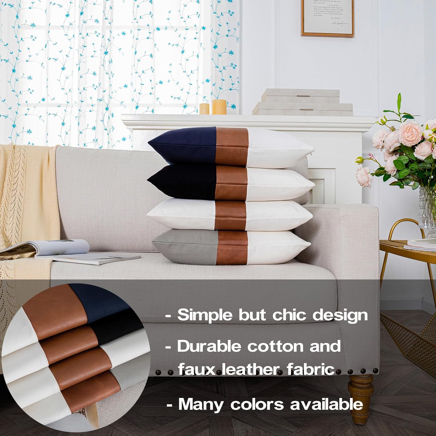 Pack of 2 Faux Leather and Cotton Patchwork Throw Pillow Covers 18x18 Inch Modern Accent Decor Cushion Case for Couch Living Room Bedroom, Farmhouse Rustic Pillowcase, Navy