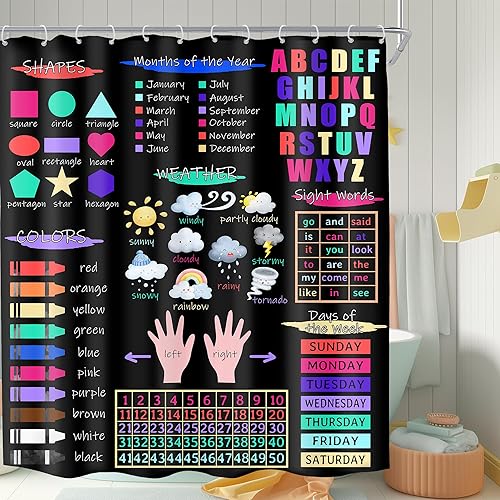 Miniatura 8 de Imirell Cortina de ducha educativa para niños, 60 pulgadas de ancho x 72 pulgadas de alto, estilo bohemio, acuarela, alfabeto ABC, números pastel,