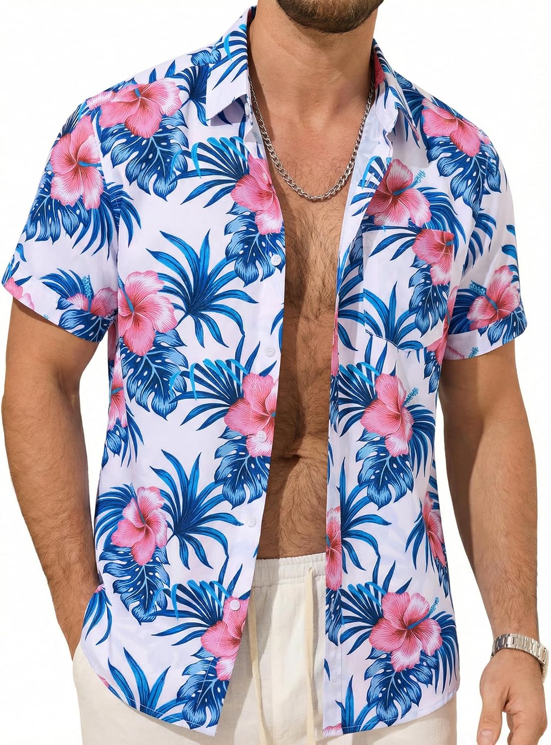 Barry.Wang Mens Hawaiian Shirt Tropical Floral Short Sleeve Casual Button Up Aloha Shirts Summer Luau Beach Cruise Wear
