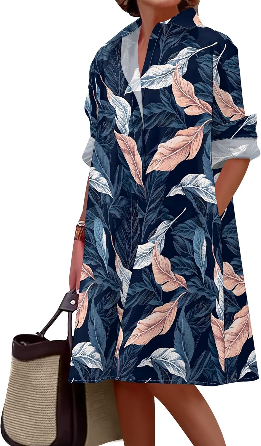 Shirt Dresses for Women 2025 Summer Long Sleeve Casual Plus Size Floral Printed Beach Vacation Dress with Pockets