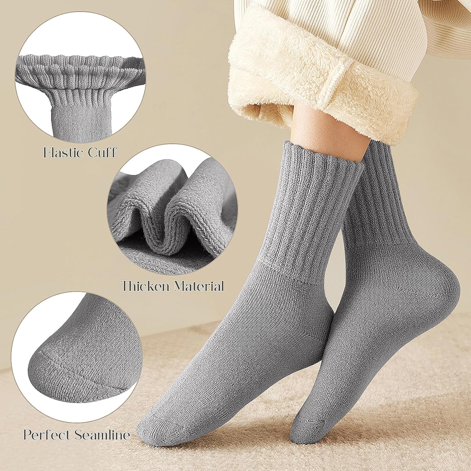 SUNOVELTIES Womens Merino Wool Socks 3 Pairs Winter Ski Warm Boot Socks Men Thermal Thick Cozy Hiking - Image 4