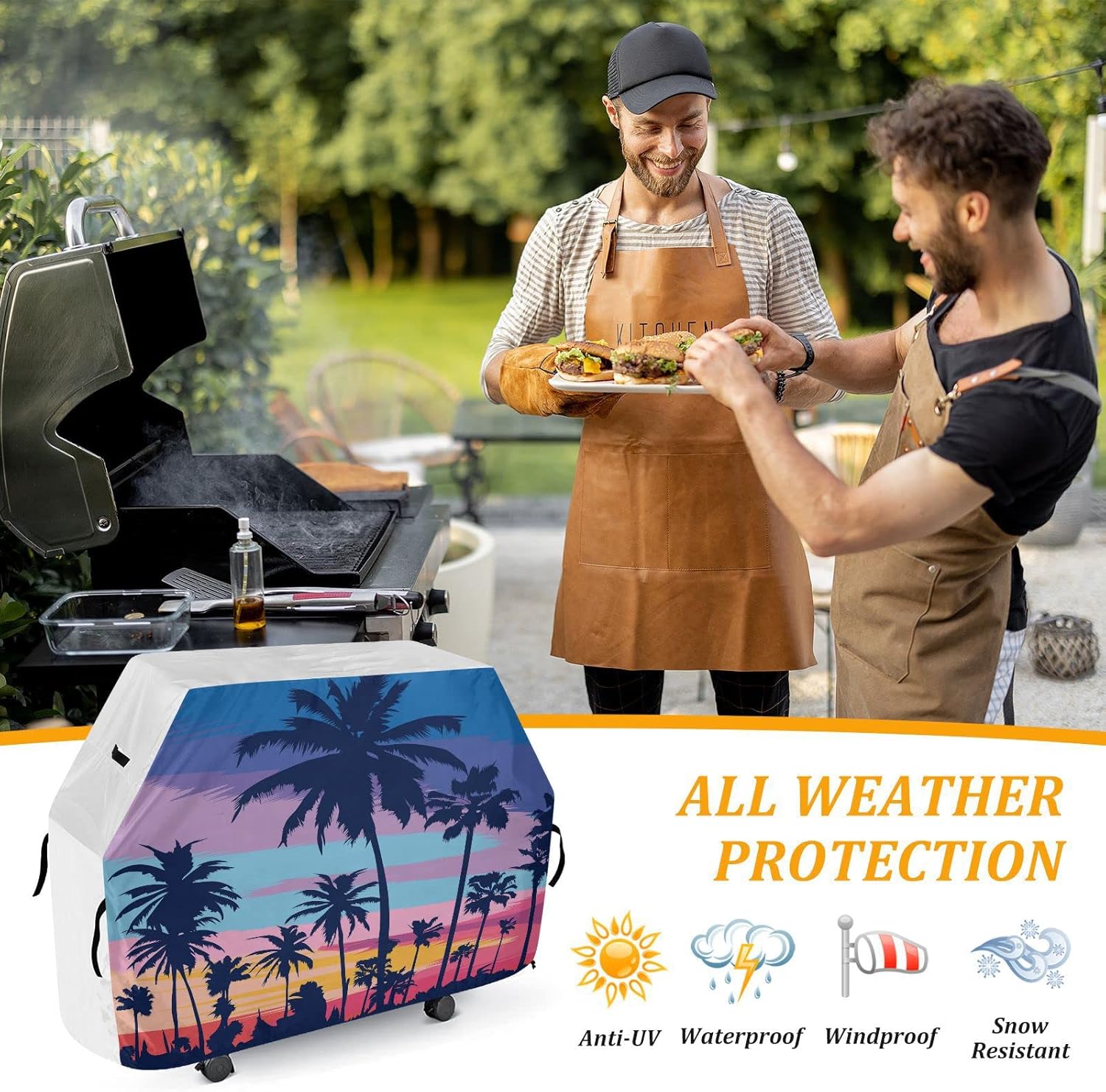 Premium Grill Cover Waterproof Beach Palm Tree Rainbow Sky Barbecue Cover Fade Resistant BBQ Cover Heavy Duty Fits Grill Widths Up to 25 in