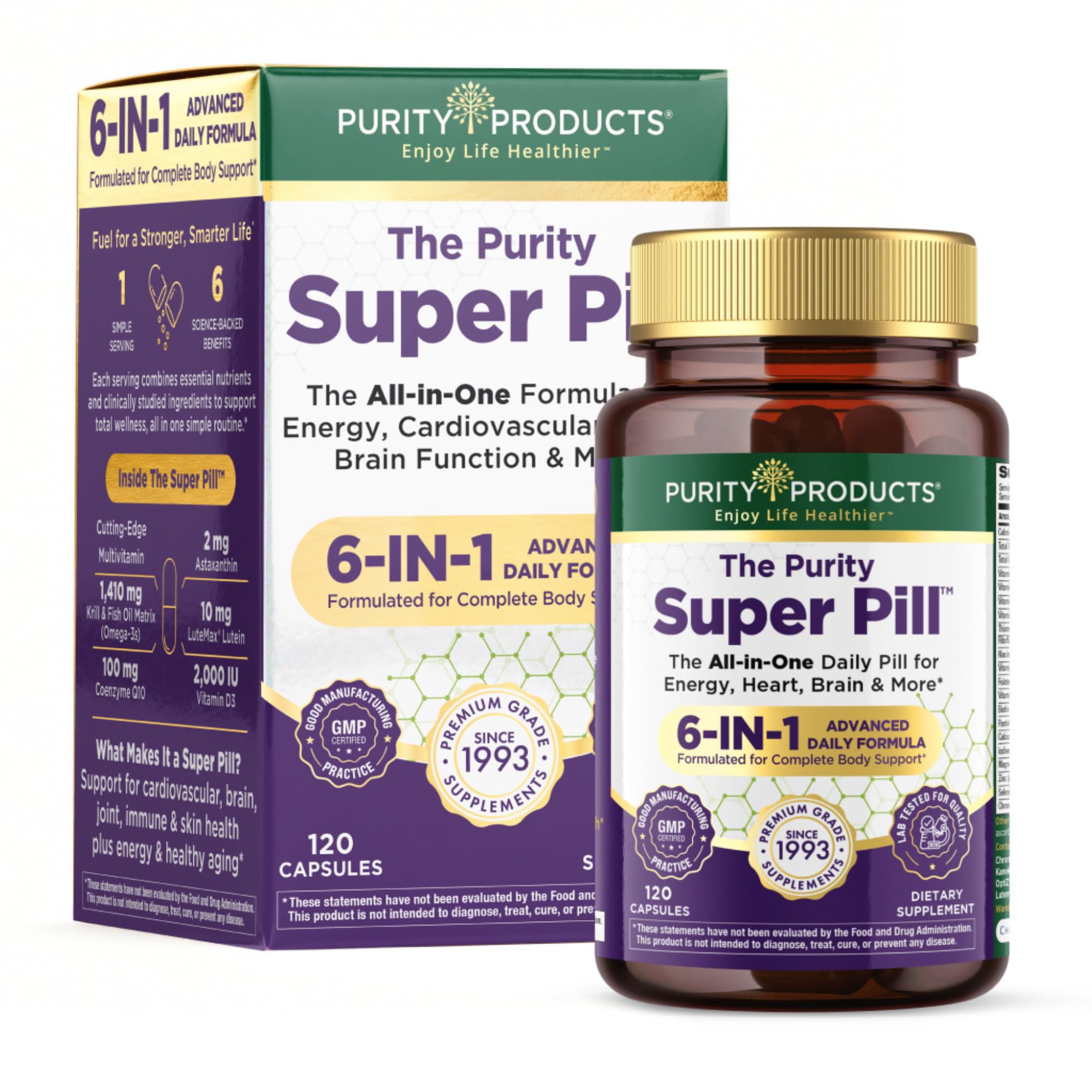 Purity Products Purity Super Pill Newly Upgraded Elite Multi + Krill Oil + Fish Oil - Vitamins + Minerals, CoQ10, Lutein - Supports Healthy Brain, Joints, Heart + More - 120 Capsules