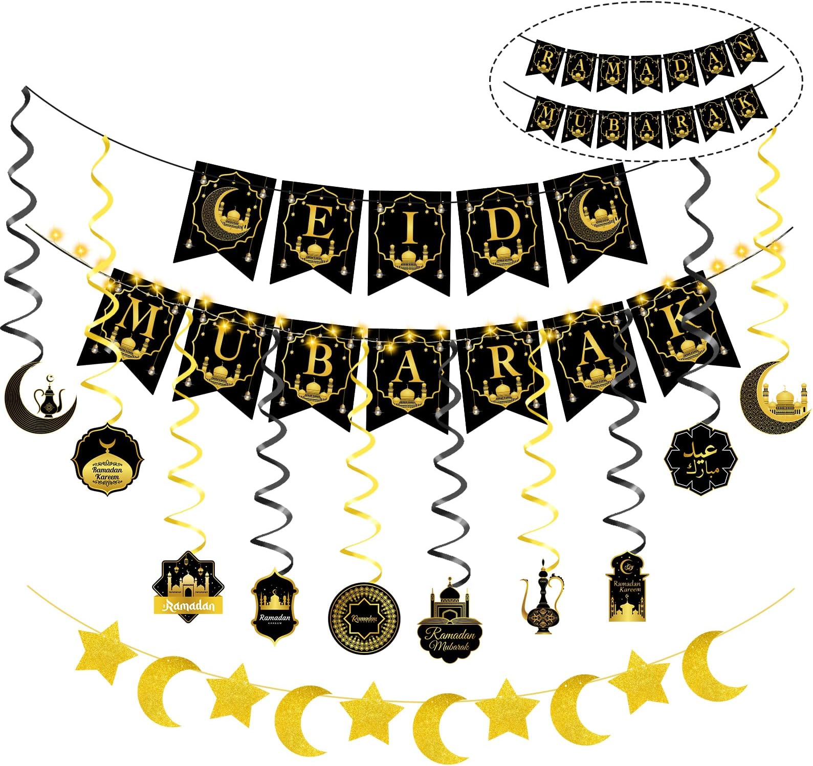2 in 1 Eid Mubarak Decoration Ramadan Banner,Eid Decorations for Home with led Fairy Lights,Ramadan Hanging Crescent Moon & Star Decorations - Islamic Decorations for Home