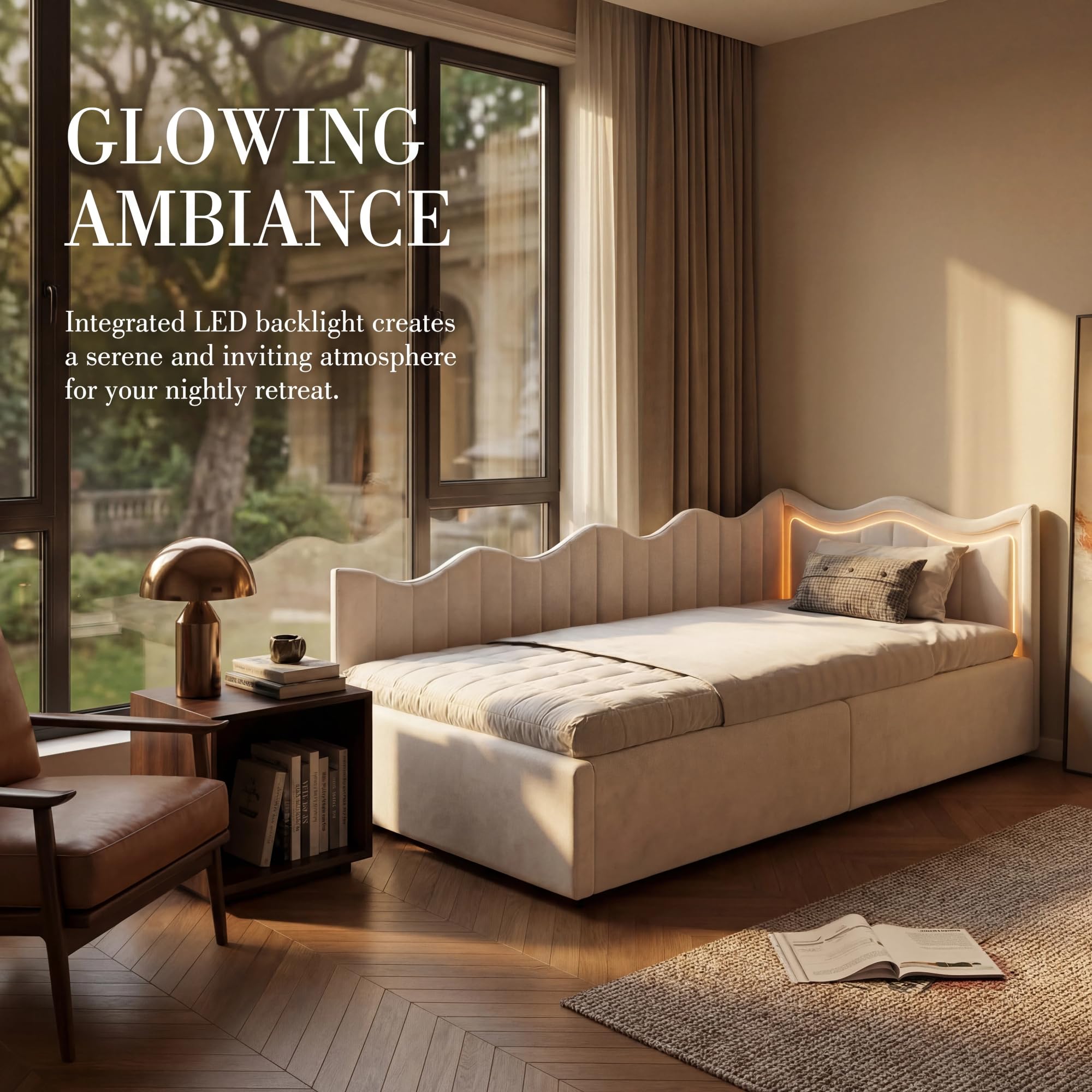 BRILVERDE Divano letto singolo 90x200 con luce LED, Poltrona letto singola con contenitore idraulico, letto con testiera, struttura letto con rete a doghe, in velluto (Beige, 90 x 200 cm)