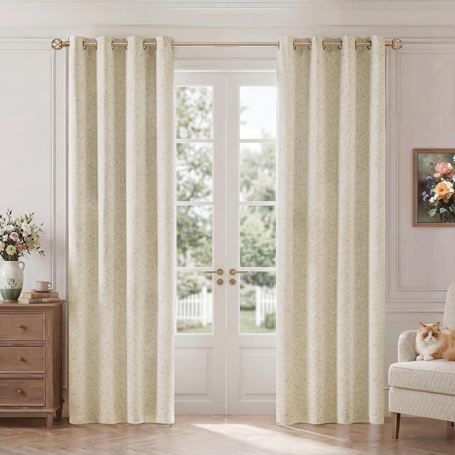 Light Beige Floral Jacquard Blackout Curtains 84 Inches Long for Living Room Bedroom Cream Chenille Flower Room Darkening Thermal Insulated Soundproof Grommet Window Drapes 2 Panels