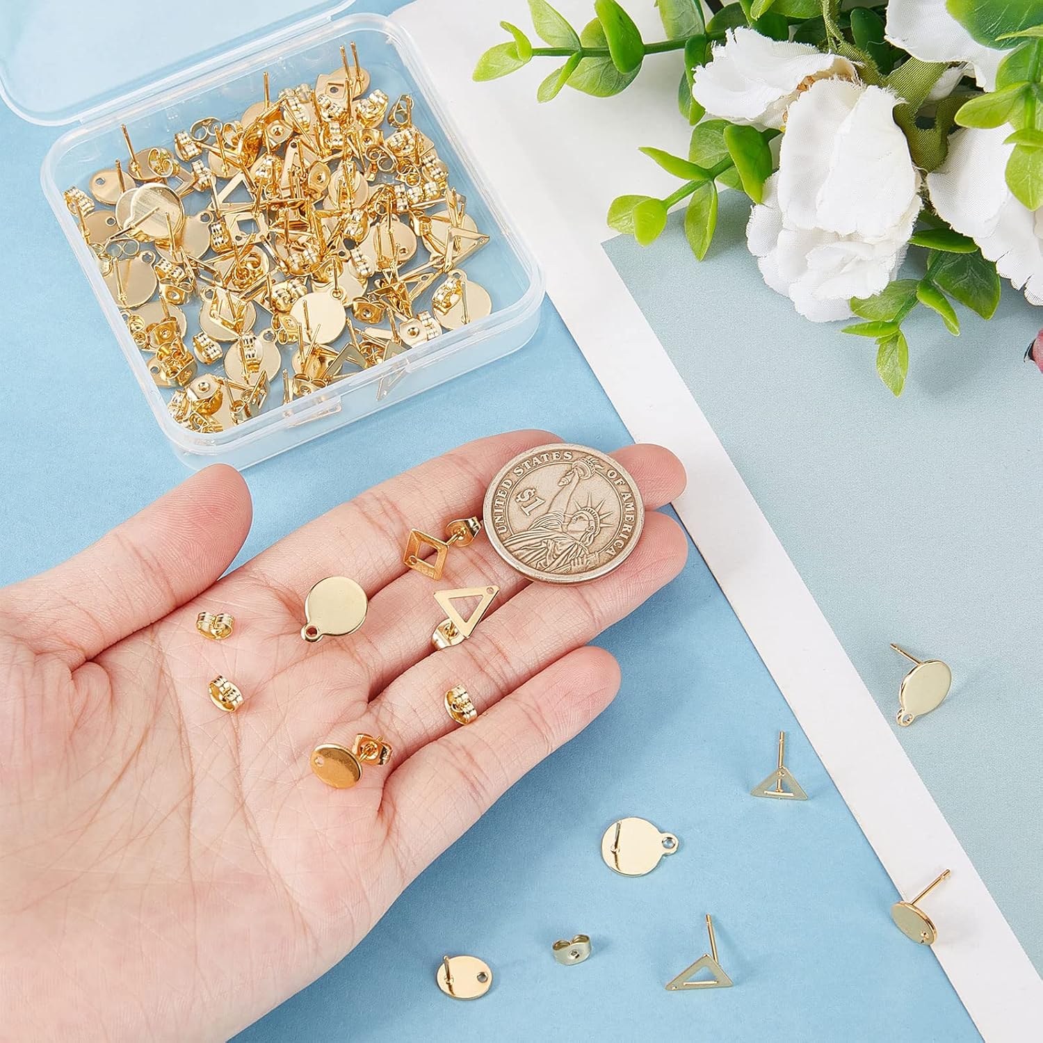 Beebeecraft 1 Box 80Pcs 4 Style 24K Gold Plated Stud Earring Findings Stainless Steel Triangle Oval Rhombus Flat Round Stud Earring Posts with Loop and Ear Nuts for Women Jewelry Making - Image 3