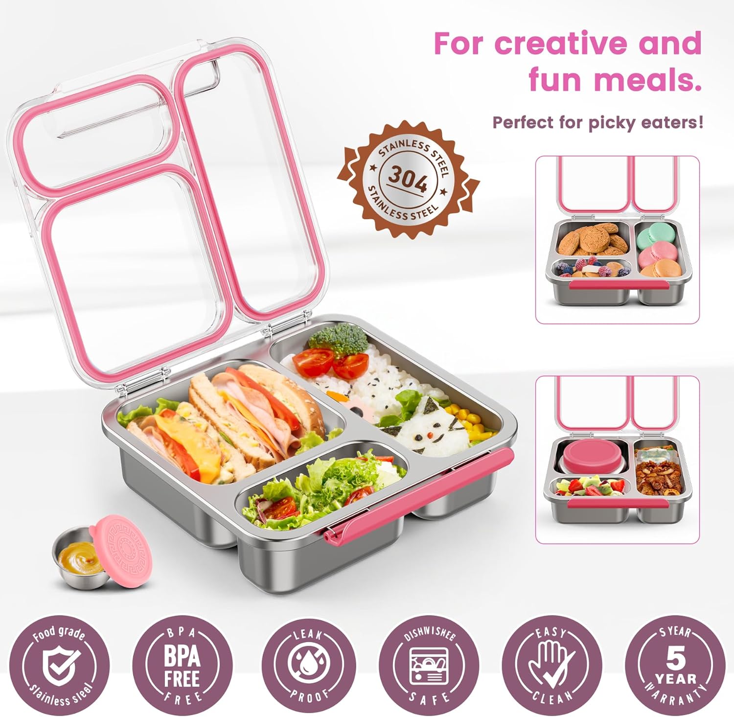 Stainless Steel Bento Box Kids Adult with 7oz Soup Thermo, Transparent Lid 3 Compartments Metal Bento Lunch Box with Insulated Food Jar,Lunch Box Container Sauce Cup for School,BPA-Free(Pink) - Image 4