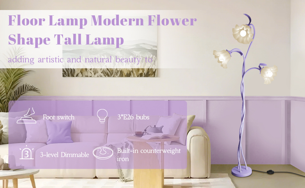Image of Flower Standing Lamp for Bedroom, Cute Corner Floor Lamp with Flexible Gooseneck, 3 Light Floor Reading Lamp with 3 Color Temperatures, Bulbs Included, Tall Floor Lamp for Living Room Corner(Purple)