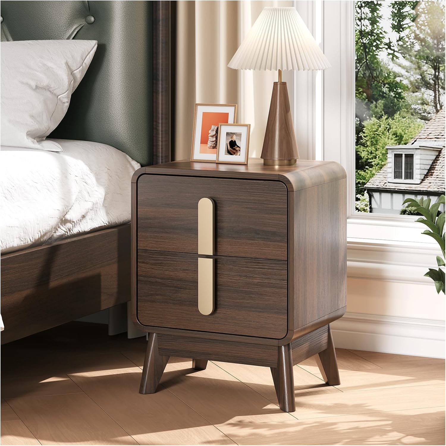 Nightstands Set of 2,Mid Century Modern Side Table with 2 Drawers & Solid Wood Legs,Curved Corner Bedside Table for Small Space,Bedroom,Walnut