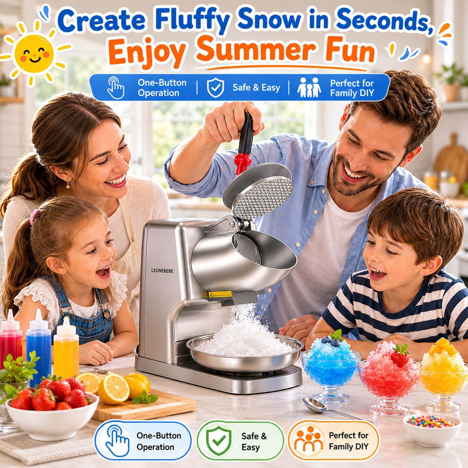 Tritaghiaccio elettrico Macchina per la creazione di coni di neve per uso domestico e commerciale, Aggiorna uscita ghiaccio 16 cm di altezza, doppie lame, 65 kg/h, 300 W/2000 giri/min, argento