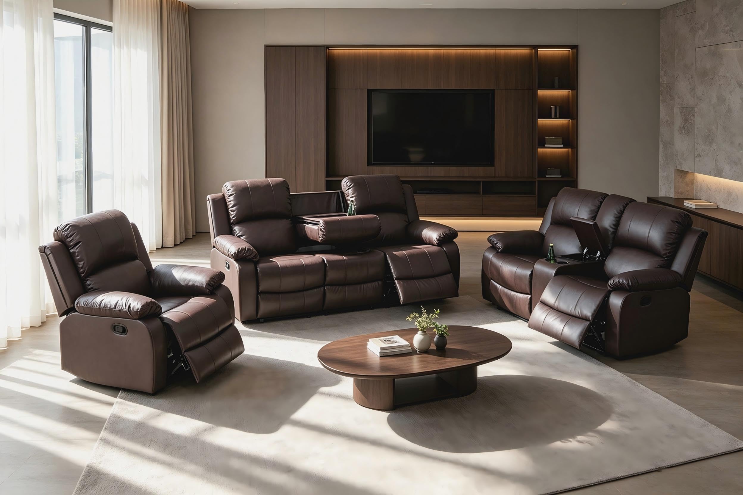 Toseslo Manual Reclining Couch Sofa Set with Drop-Down Table, 3 Pieces Brown Leather Recliner Couch Sets, Living Room Furniture Sets, Recliner Sofa with Storage Console/Cup Holder for Home/Apartment view 2
