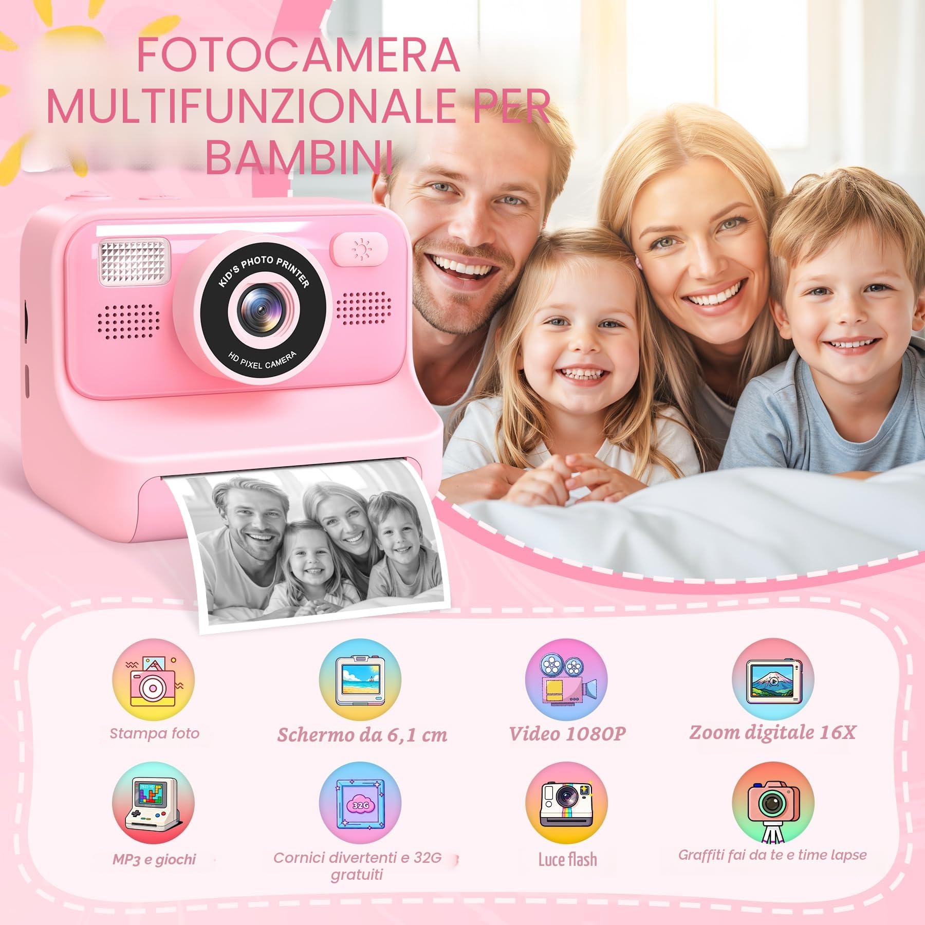 Macchina Fotografica Bambini, 2.4" HD Selfie Fotocamera Bambini con Scheda da 32 GB e 3 Rotoli di Carta da Stampa, Giochi Regalo Natale bambini bambino Nero digitale(Rosa)