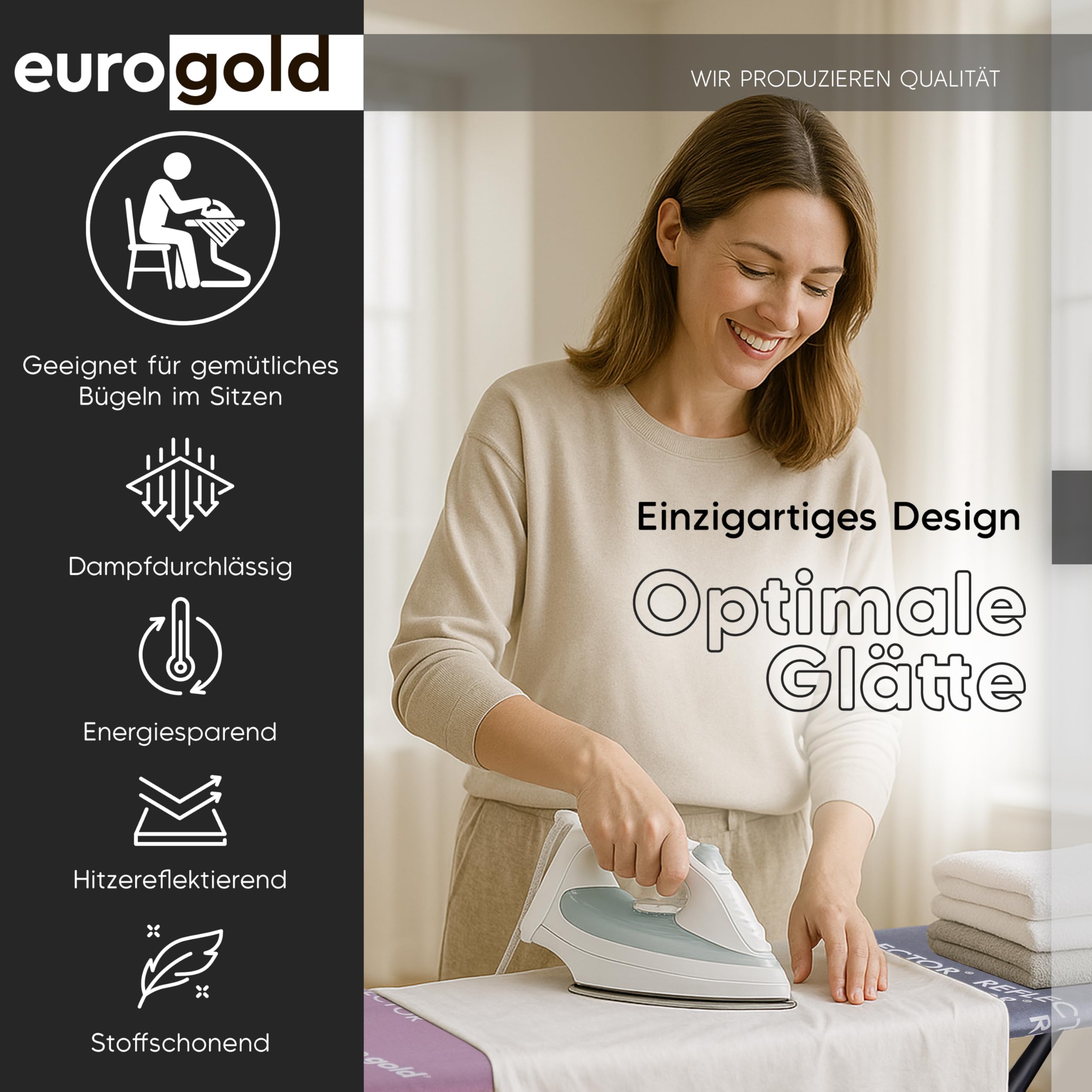 EUROGOLD Bügeltisch 120x42 cm – Großes Bügelbrett höhenverstellbar mit Reflektor-Bezug für effizientes Bügeln, TÜV-Zertifiziert, Made in Europe, Ironing Board (Paris Pink)