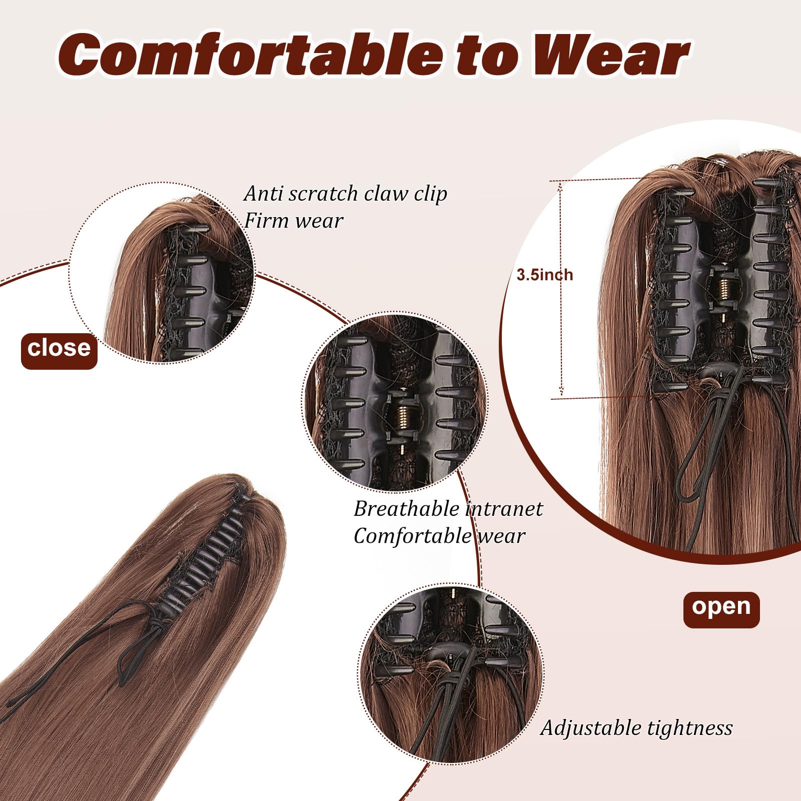 Dcbaboo Ponytail Extension Long Straight 20inch Claw Clip in Ponytail Hair Extensions Synthetic Pony tails Natural Wave One Piece Hairpiece Fake Ponytail for Women Dark Auburn - Image 2