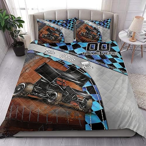 Miniatura 4 de OhaPrints Juego de cama personalizado de carreras, manta y fundas de almohada con bandera de carreras de pista de tierra, nombre y número