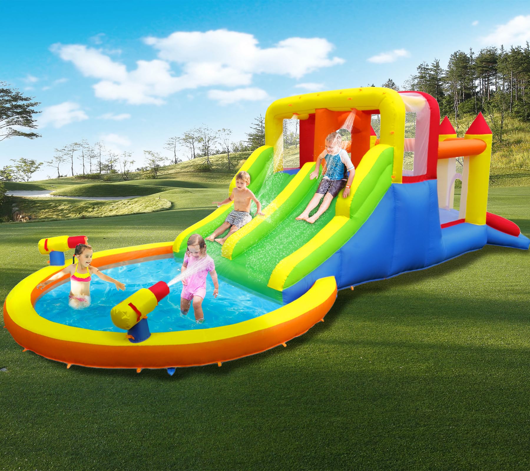 Ballsea Castillo Hinchable Infantil con soplador, tobogán seco/de Agua, Capacidad 6 niños/200kg, L6.28 x A2.93 x H1.95m