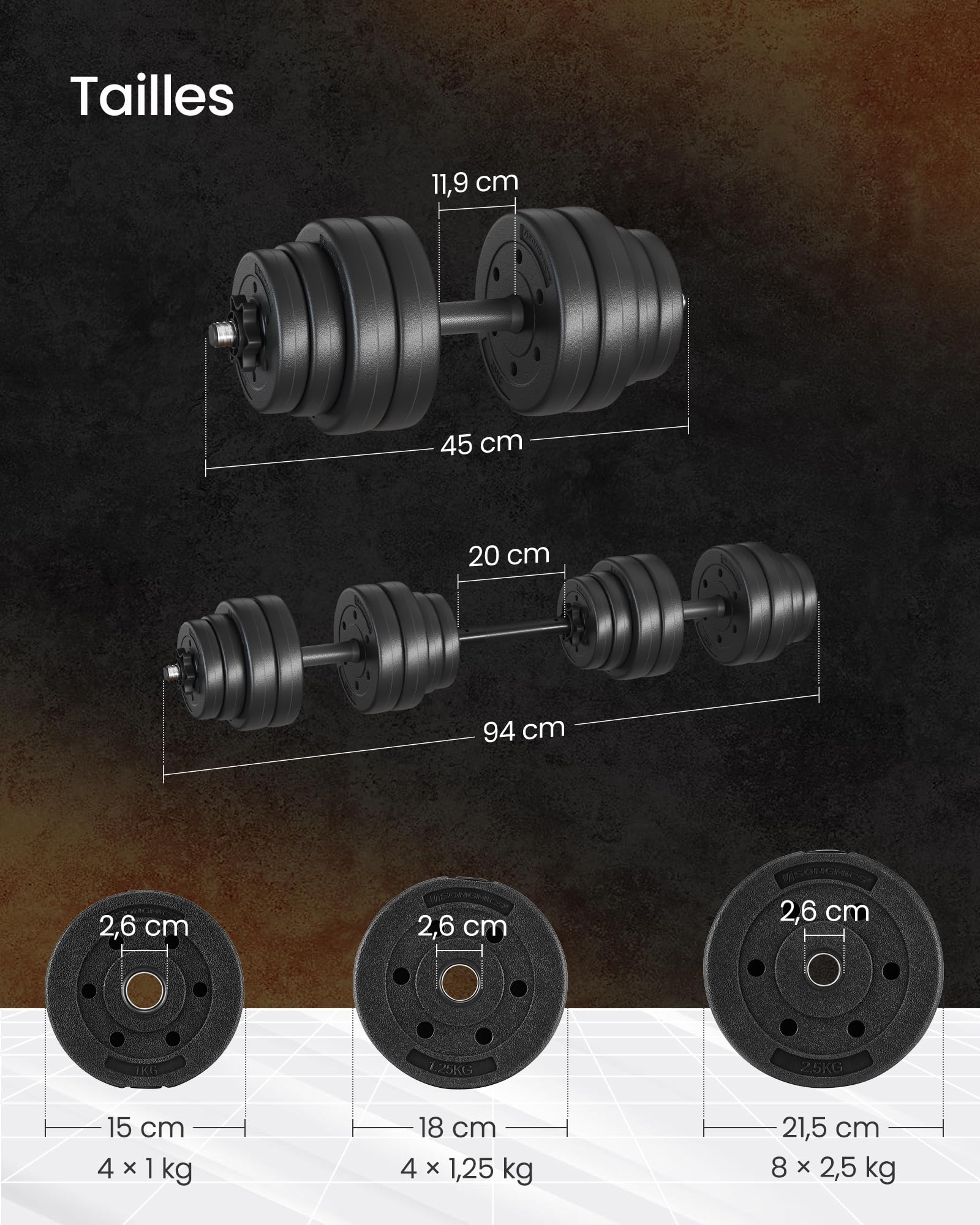 SONGMICS Kit Haltères Musculation, Poids Réglable, Revêtement en Plastique, Fitnesse, Musculation, à la Maison, avec Barre d’Extension Supplémentaire en Acier