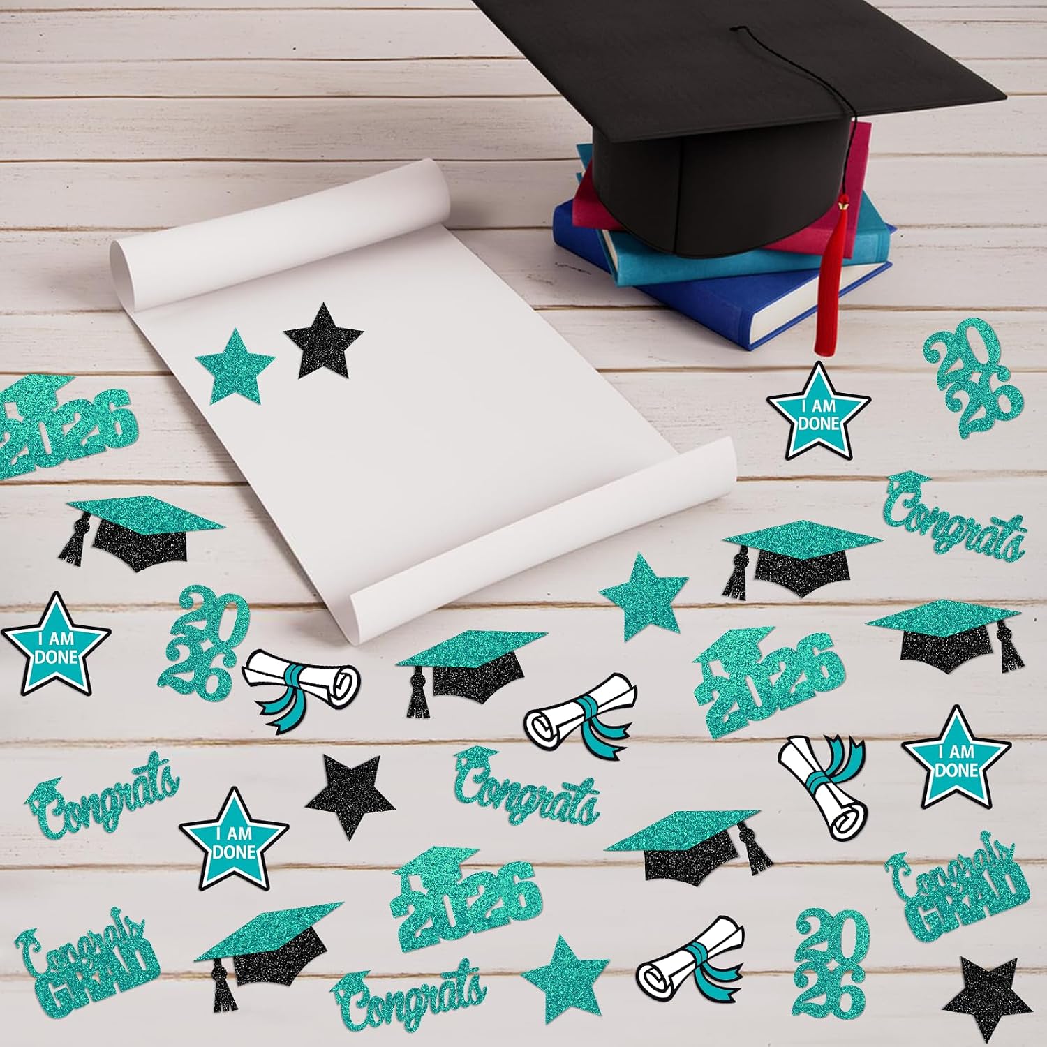 200Pcs Teal Black Graduation Confetti 2026 Graduation Table Confetti 2026 Congrads Table Decorations Teal Black Grad Class of 2026 Party Supplies