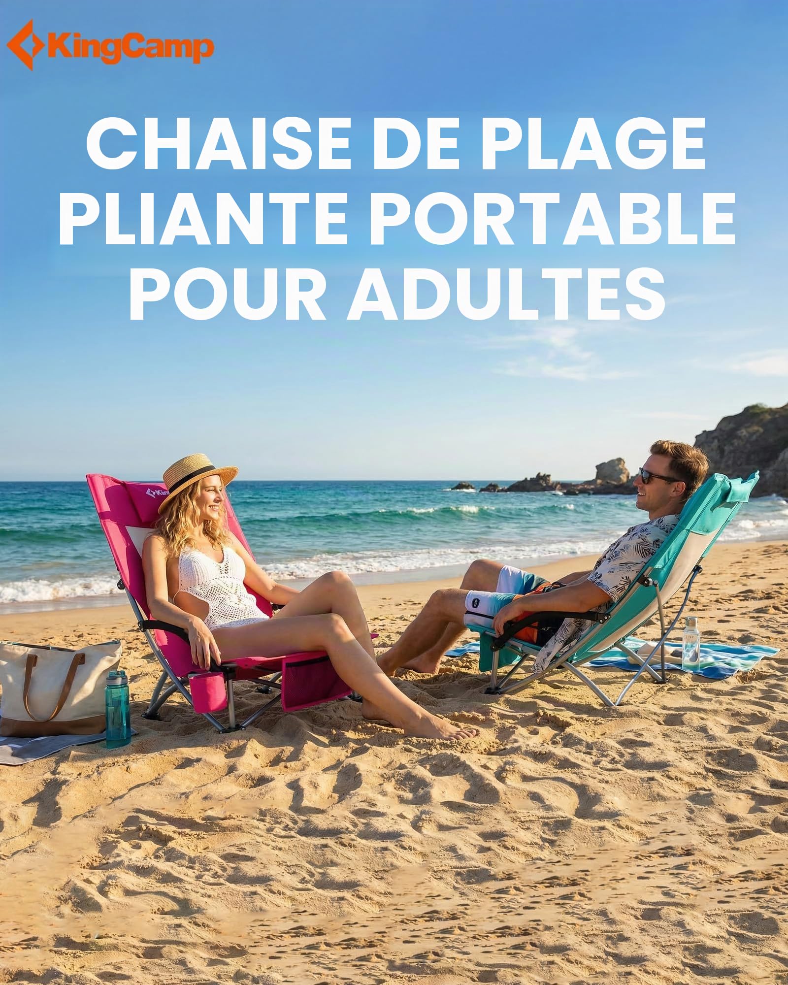 KingCamp Chaise de Plage Basse Pliante Capacité 180kg Stabilité à Double Support Vertical, Siège Extra Large et Dossier en Tissu Respirant, Siège Portable pour Camping, Pique-Nique, Festival Bleu
